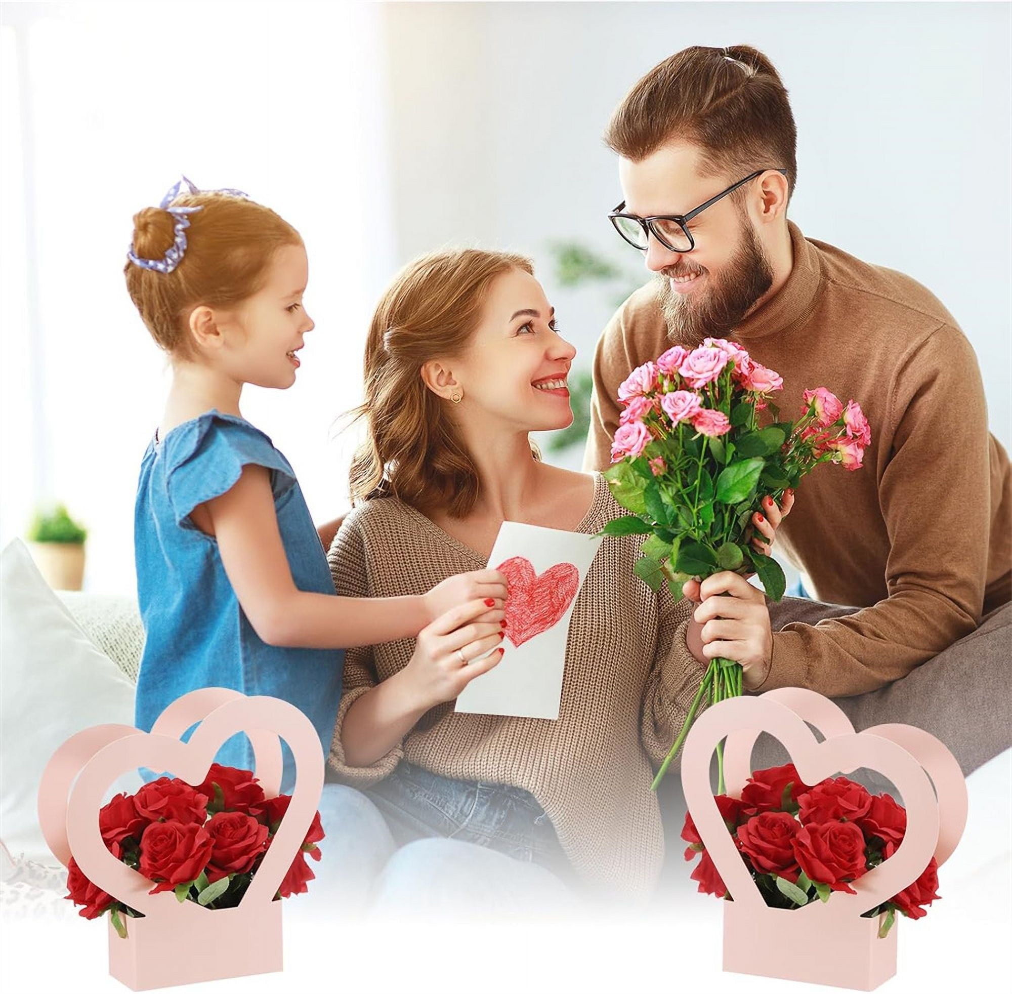NOGIS Heart Shaped Boxes for Flowers, 12 Pack Empty Arrangement Bouquet Gift Bags with Handle for Party Wedding Graduation, Pink and Black