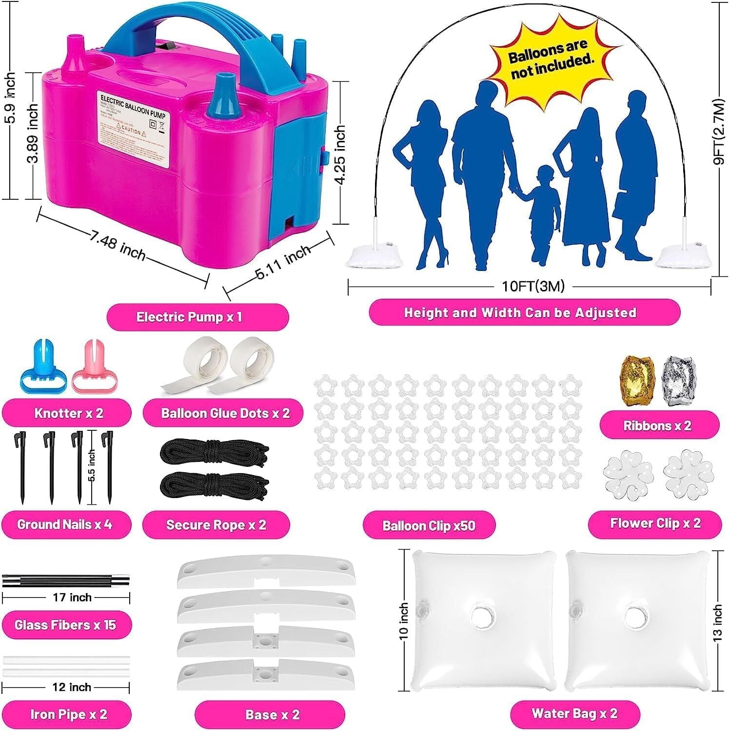 Wattne Balloon Arch Kit and Balloon Pump, 9Ft Tall & 10Ft Wide Adjustable Balloon Arch Stand Holder with Base for Outdoor, Electric Air Pump for Bridal Shower Graduation Decorations Party Supplies