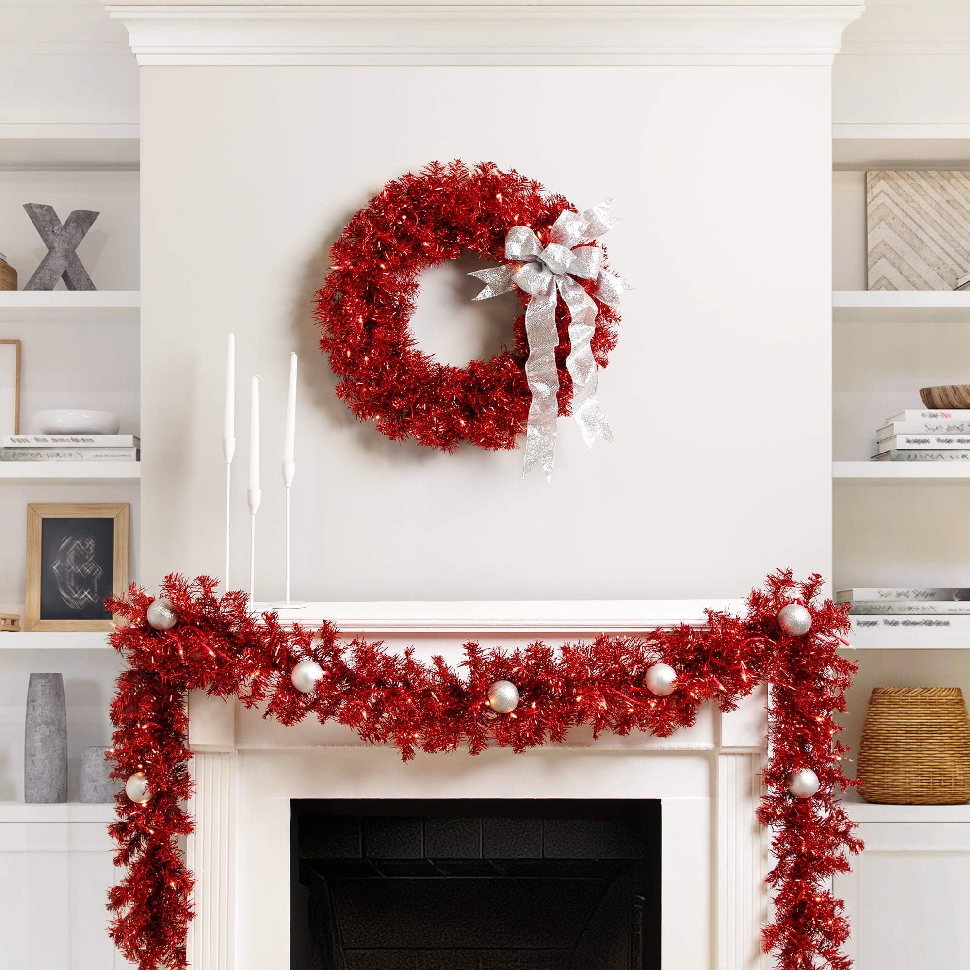 Northlight Pre-Lit Tinsel Artificial Christmas Garland - 9' x 8" - Red - Clear Lights