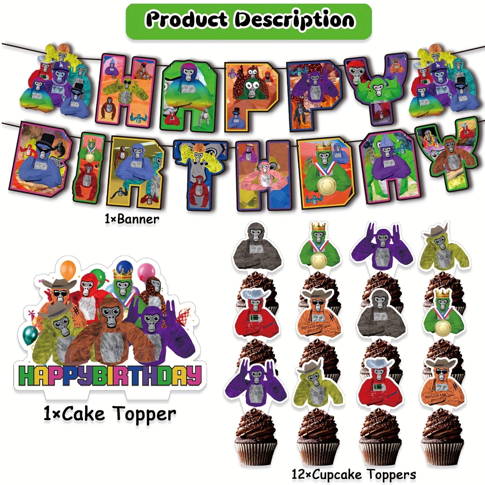 Gorilla Tag Birthday Party Decorations & Favors Kit - 14pcs Cartoon Theme with Backdrop, Cake Toppers, 12 Cupcake Toppers for Themed Celebrations, Party Supplies