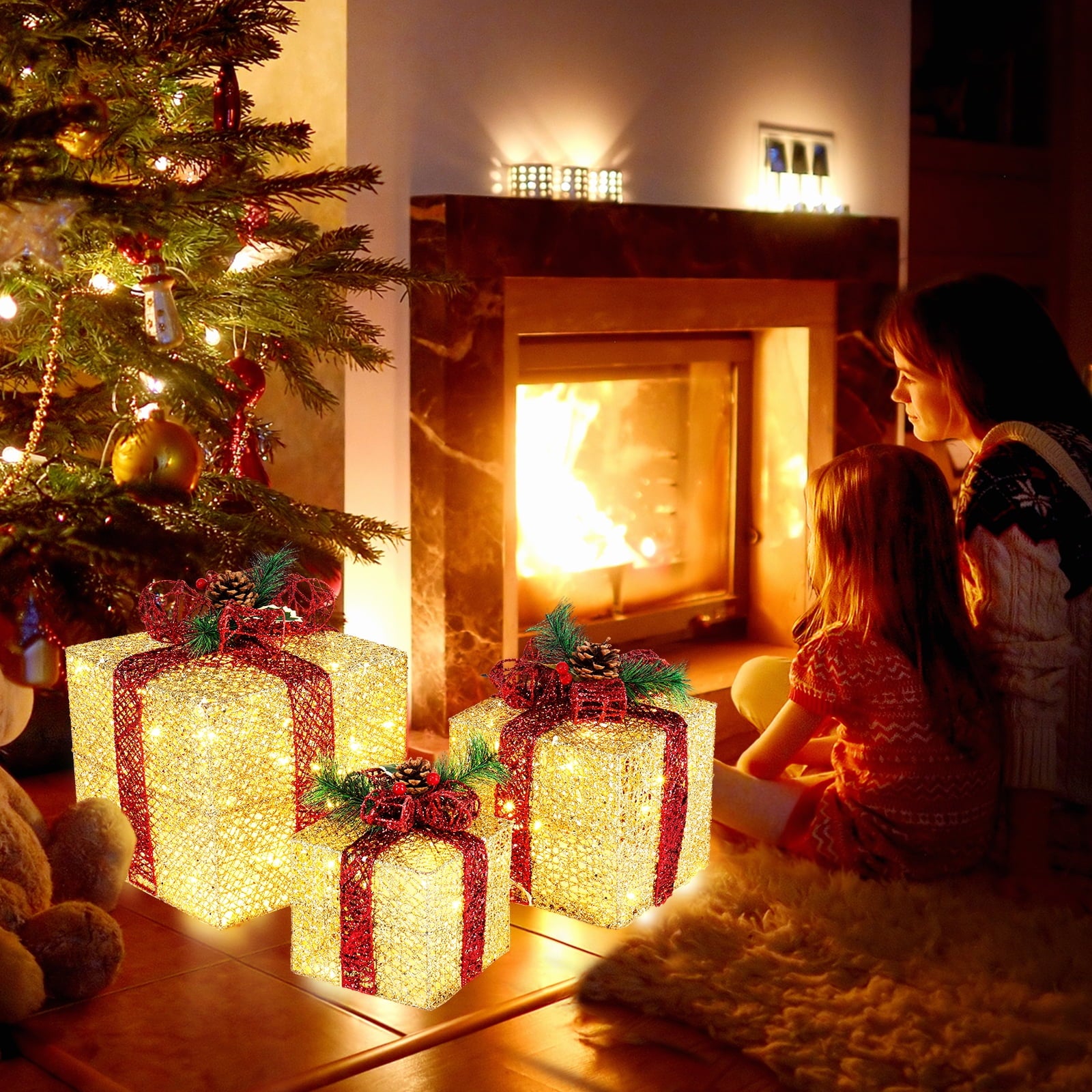 UBesGoo 3pcs Christmas Decoration Gift Boxes Decor for Christmas Tree,Xmas Christmas Tree - Golden