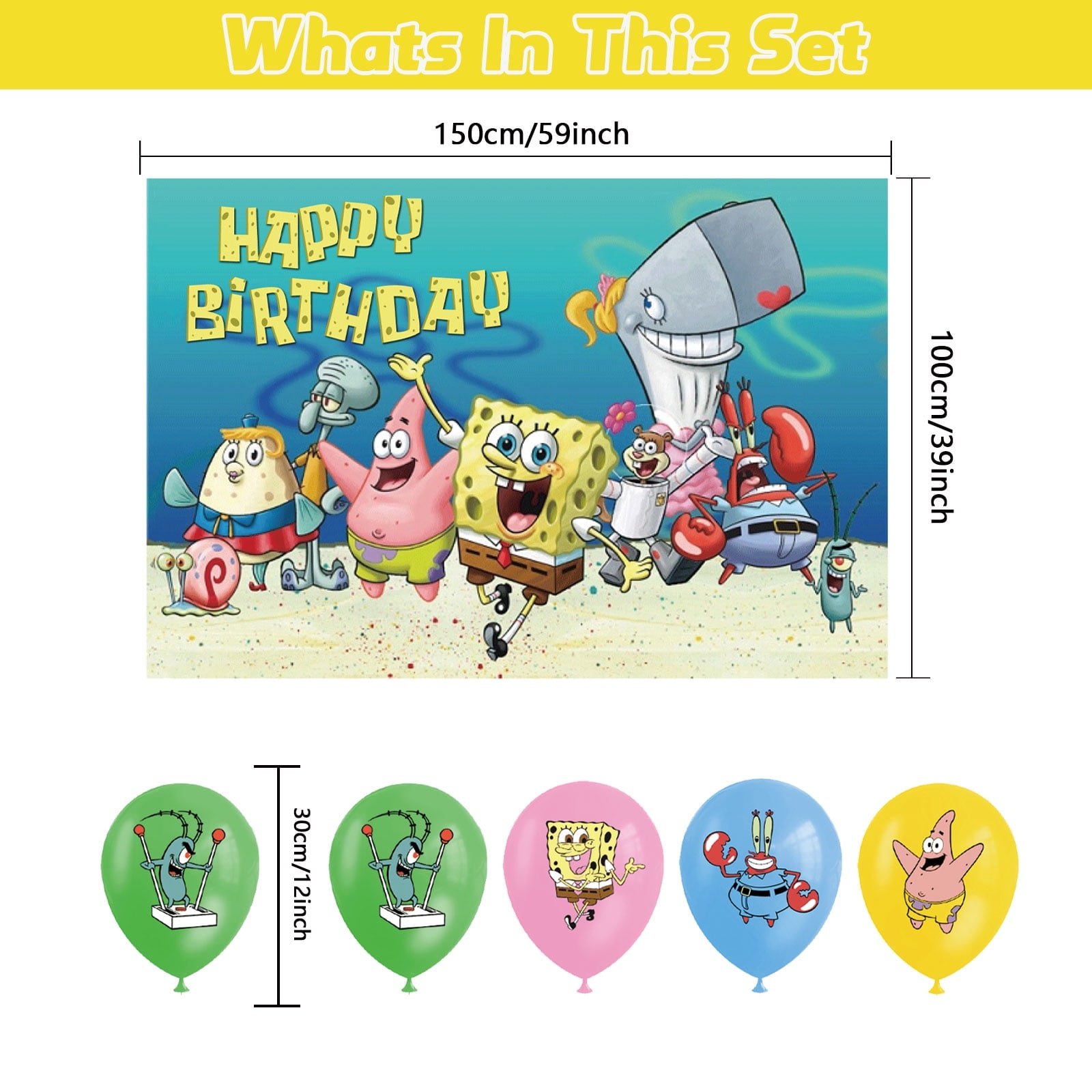 34-Pcs For SpongeBob Cartoon For SquarePants-Themed Party Decoration Set – Includes Backdrop, Cake Topper, 12 Cupcake Toppers, and 20 Balloons for Festive Celebrations