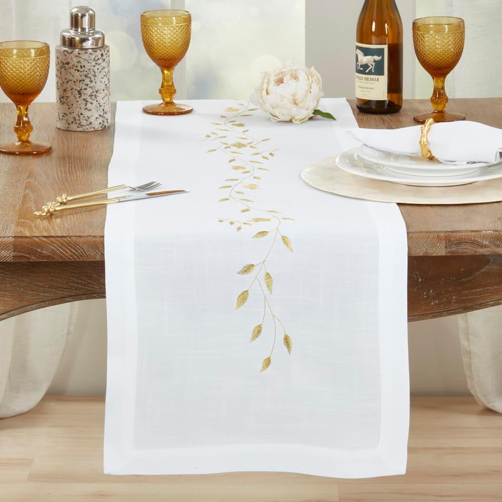 Fennco Styles Gold Embroidered Pomegranate Holiday Table Runner 16" W X 72" L - White Rectangular Table Cover for Home, Christmas Décor, and Weddings