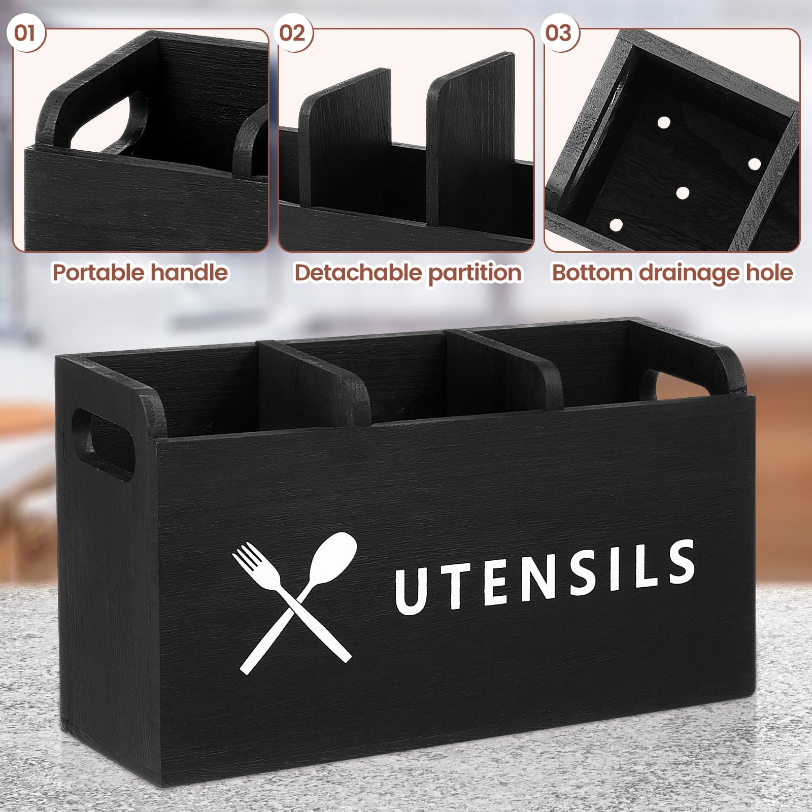 Ikoopy Utensil Holder with 3 Large Compartments Wood Silverware Caddy with Handles Cutlery Holder for Spoons Forks Kitchen Bathroom Accessories