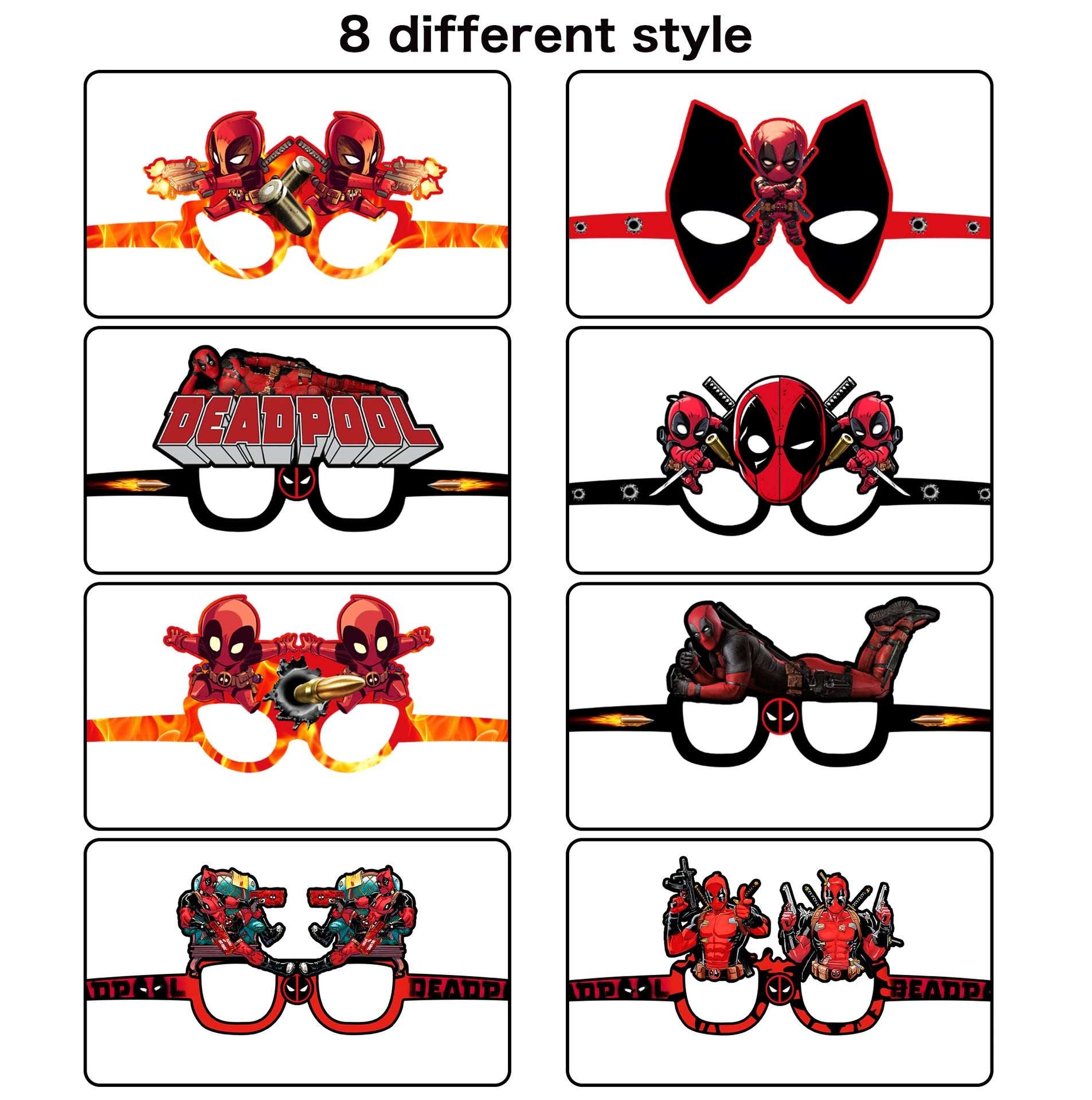 16Pcs Deadpool Themed Paper Glasses, Party Supplies Photo Booth Prop Cartoon Character Cosplay Birthday Gift for Kids.