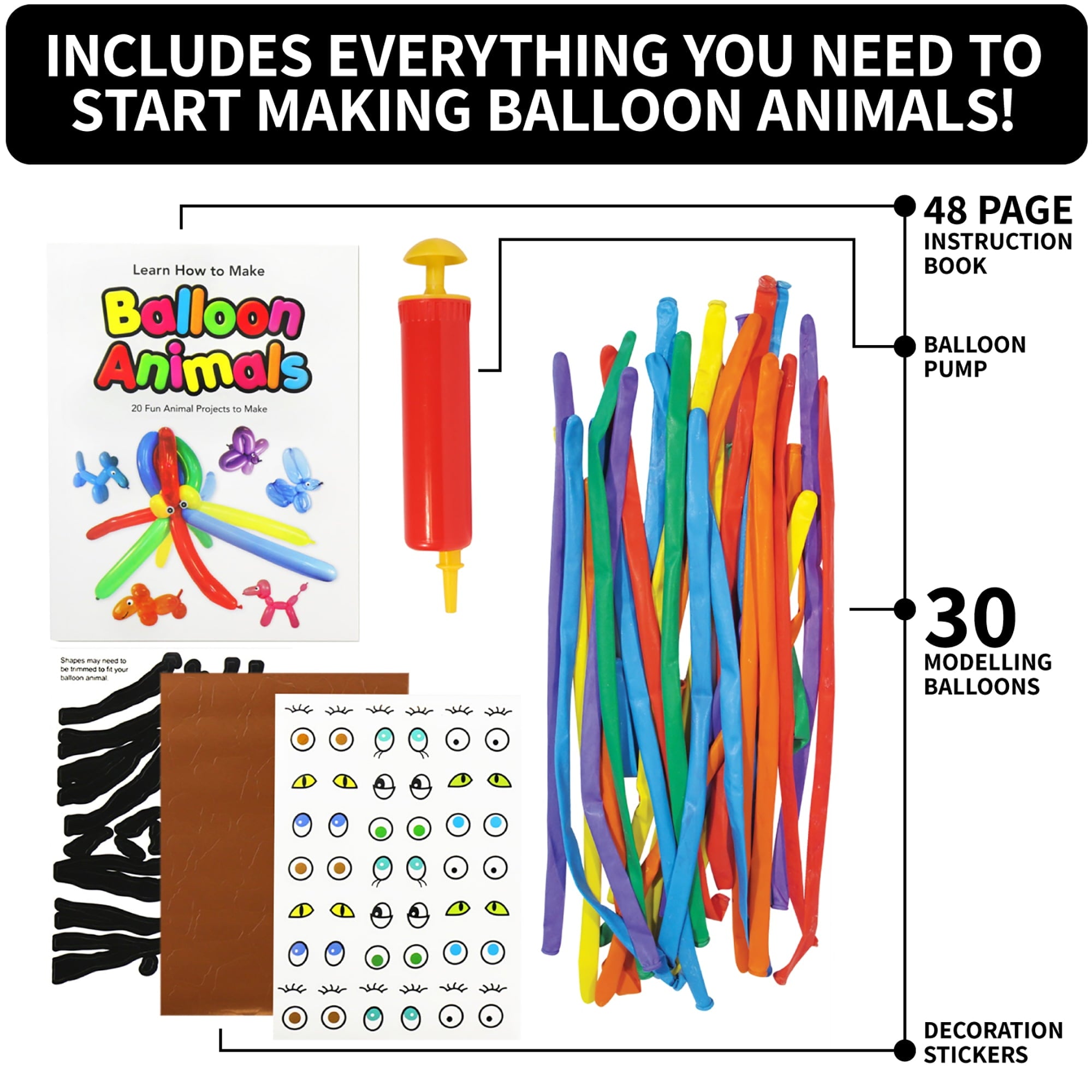 Fun With: Balloon Animals - Learn To Make Balloon Animals, Activity Kit, 30 Modelling Balloons To Create 20 Different Animals, Party Set, Kids Ages 8+
