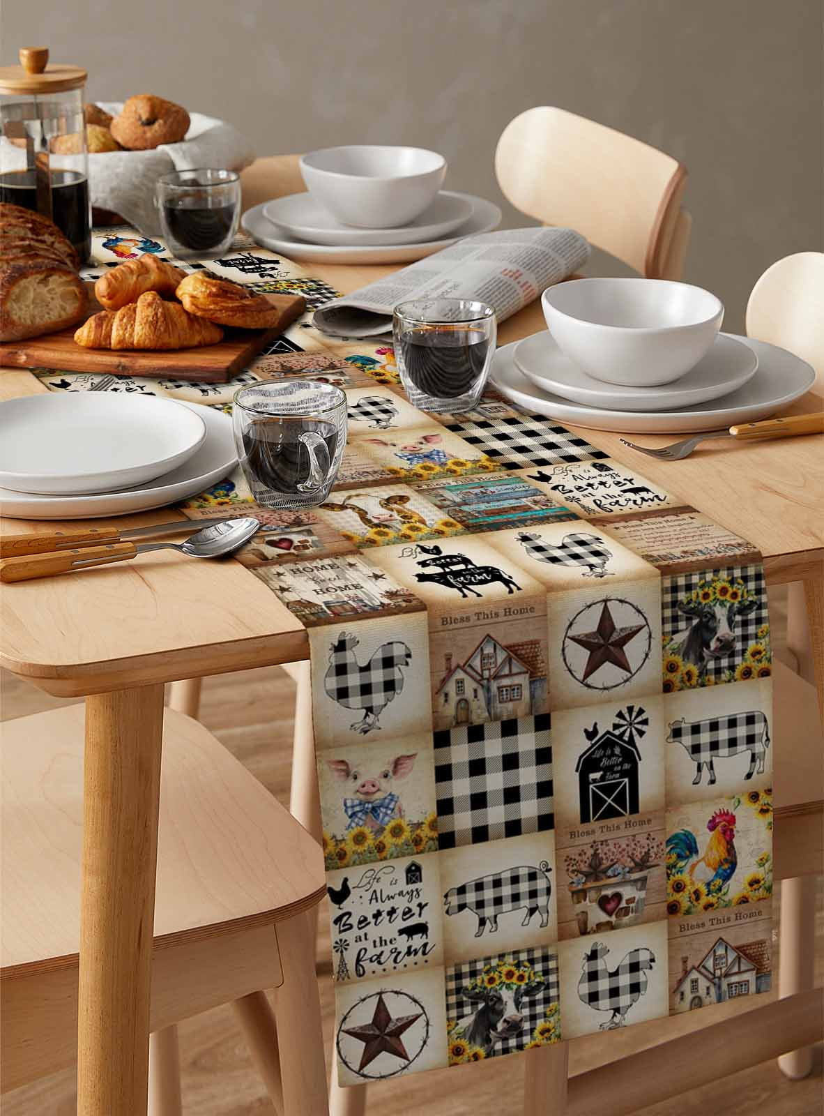 Retro Country Table Runner Vintage Farmhouse Rooster Stars Tablerunners 13 x 90 Inch, Table Decorations Tabletop Scarf for Summer Gathering Holiday Farmhouse Kitchen Dining Decor