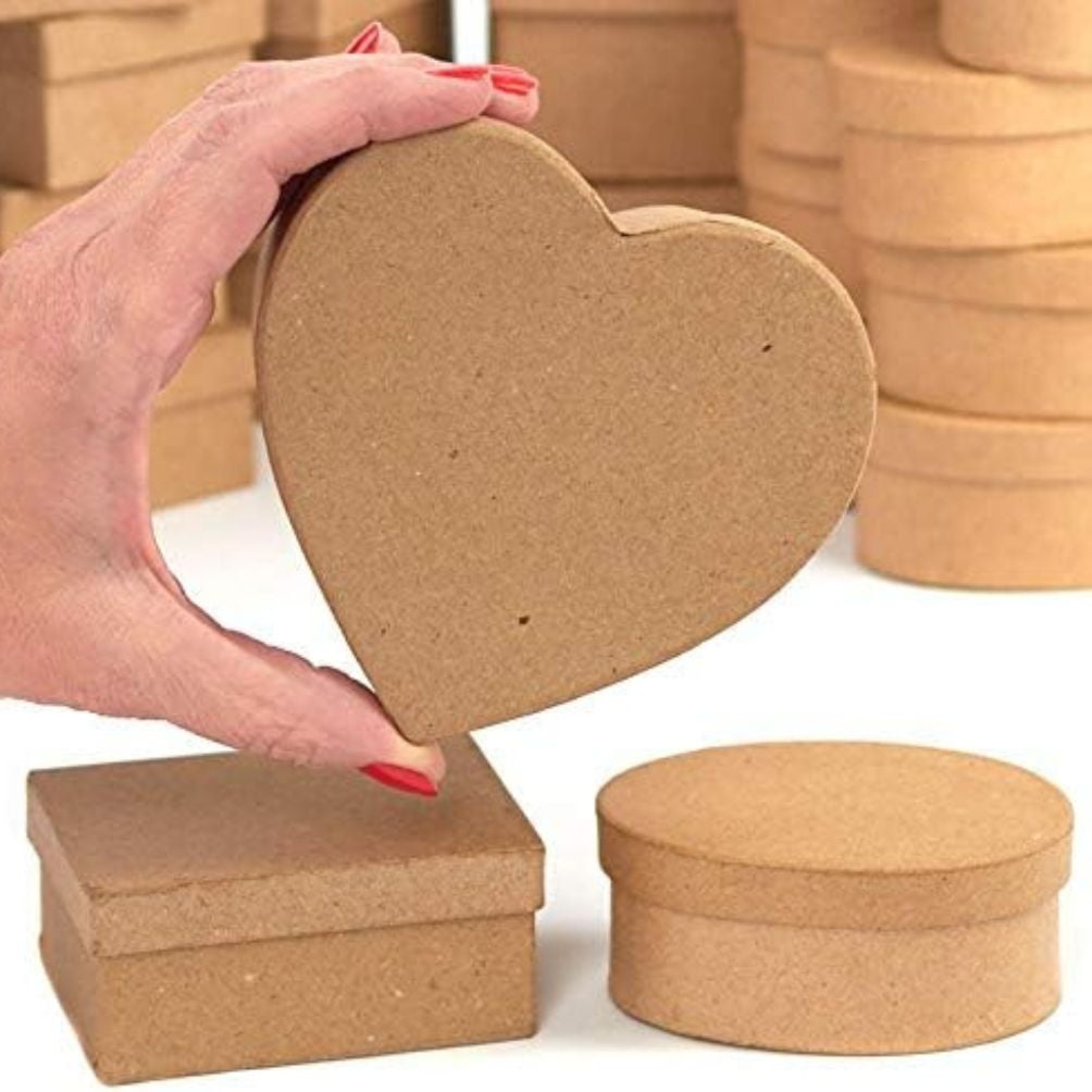 24pc Kraft Rectangle/Heart/Oval Paper Mache Boxes - for Craft Projects - Factory Direct Craft