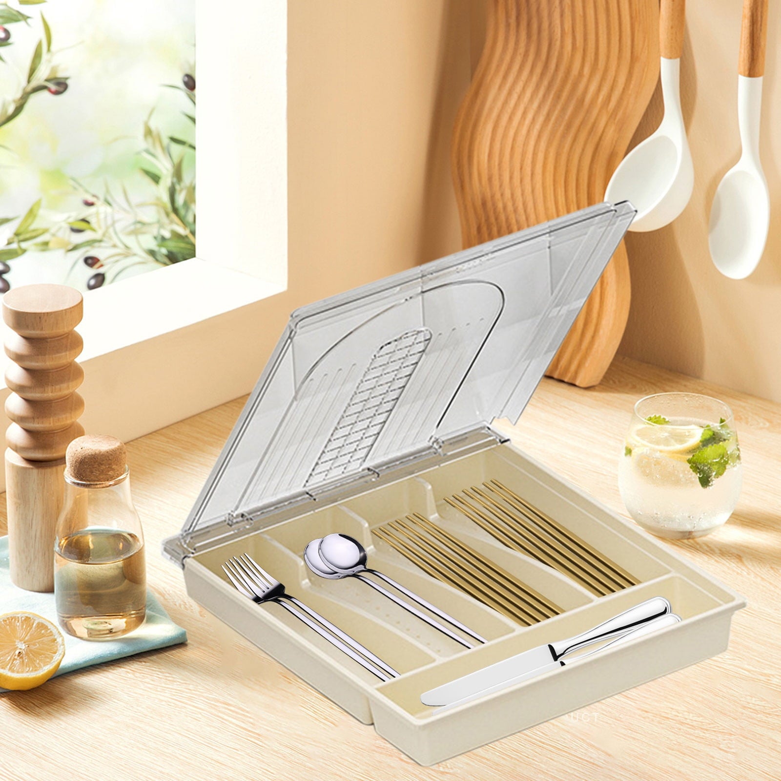 Cutlery Organizer Tray with Lid, Desktop Utensil Drawer Divider, Outdoor Picnic Kitchen Storage for Knives Forks Spoons, Multi-Compartment Tableware Holder