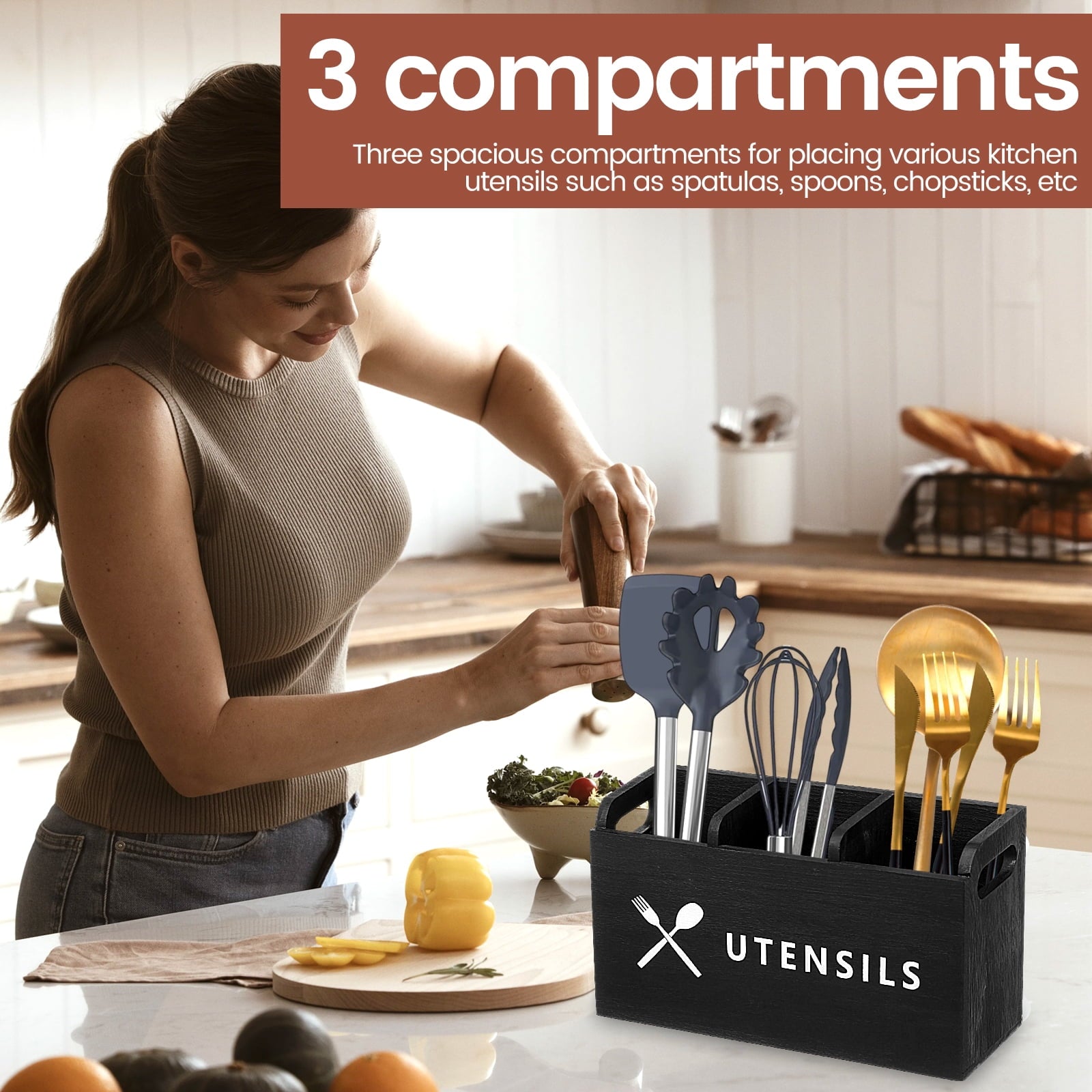 Ikoopy Utensil Holder with 3 Large Compartments Wood Silverware Caddy with Handles Cutlery Holder for Spoons Forks Kitchen Bathroom Accessories