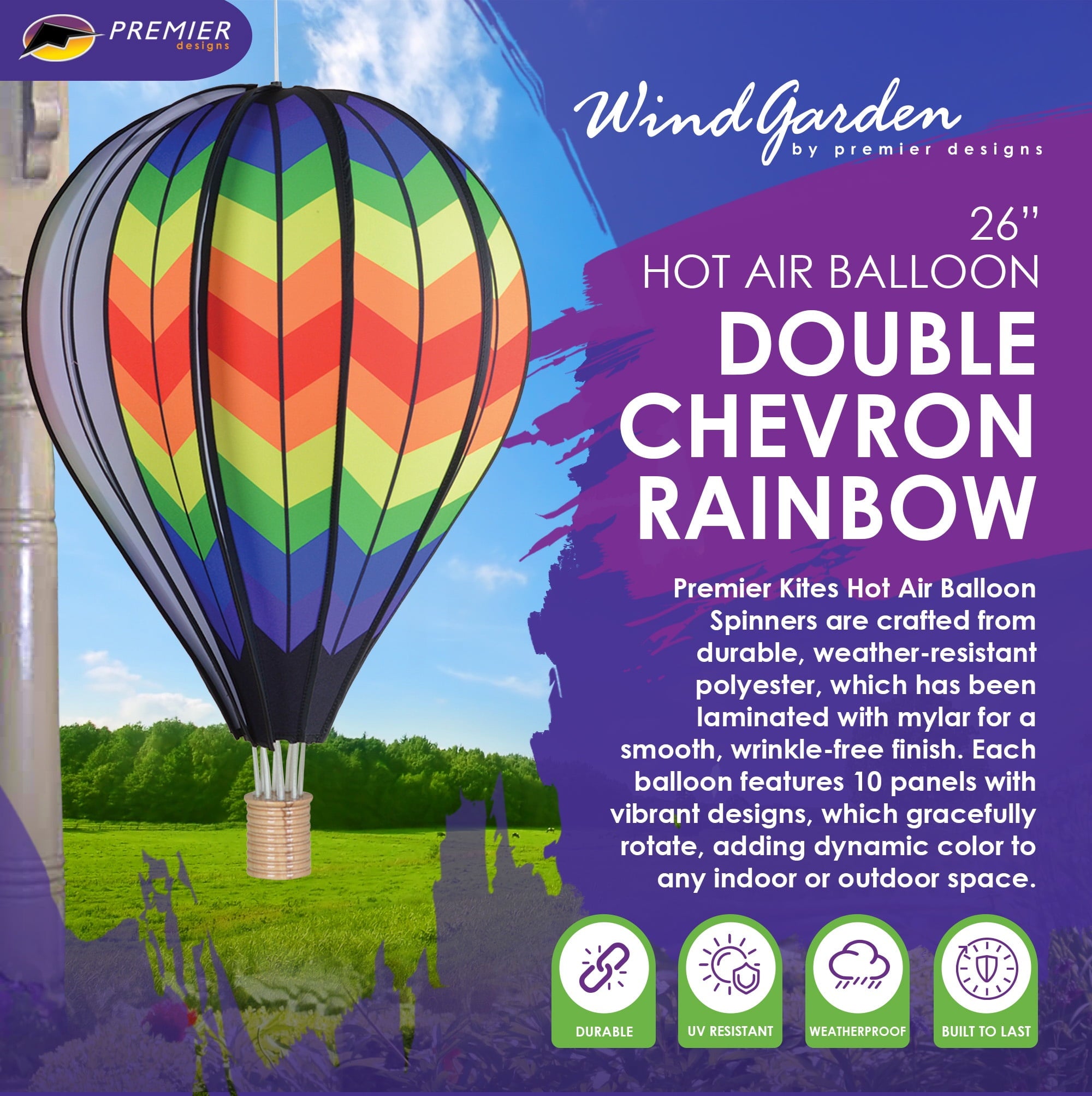 Hot Air Balloon Hanging Garden Spinner 26" - Vibrant Double Rainbow Chevron Design, Weather-Resistant Outdoor Decor, Durable & Lightweight for Patios, Yards, and Gardens - Eye-Catching Wind Spinner