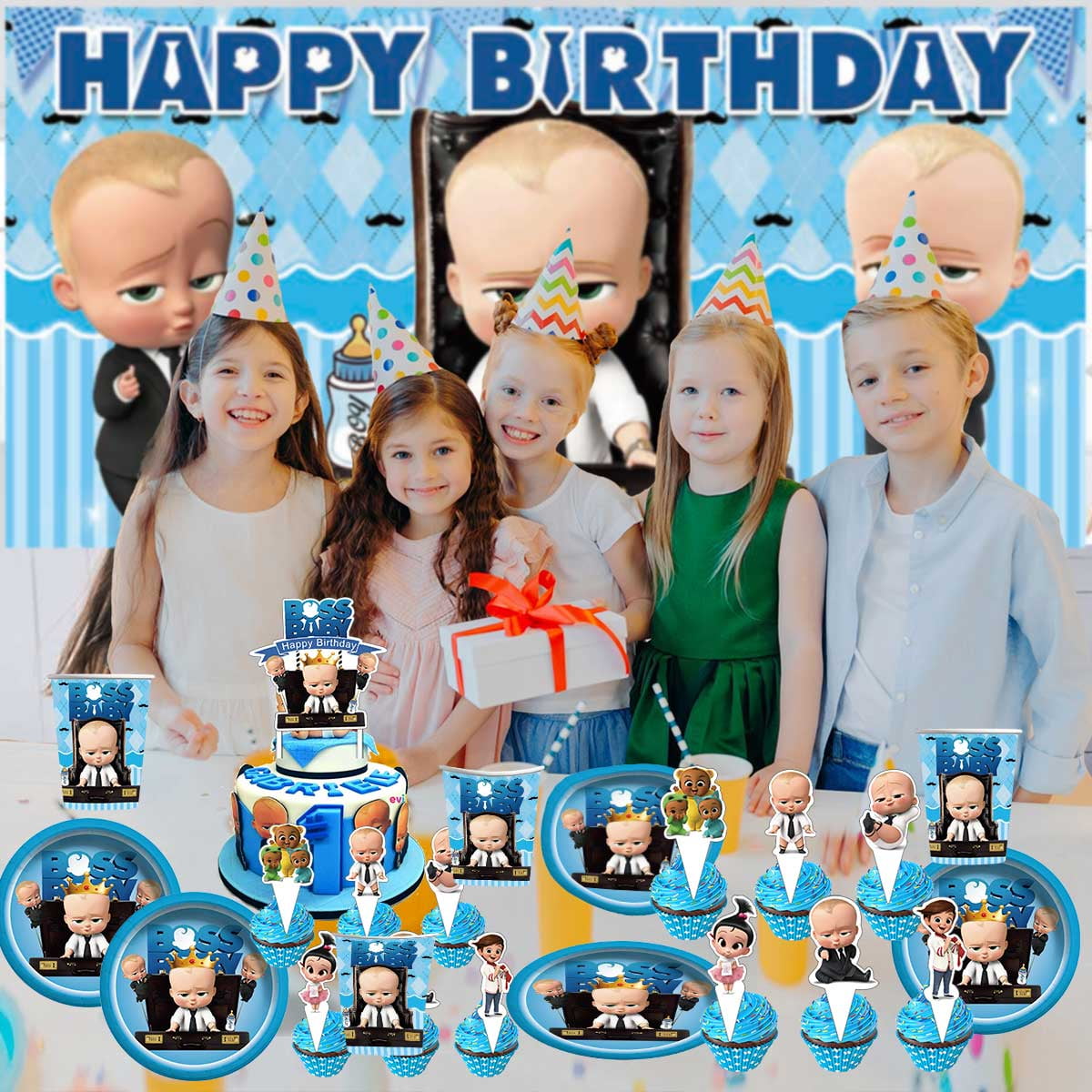 Boss Baby White Boy Party Decorations Decor Supplies Honeycomb Centerpieces Table Toppers Cake Toppers for Birthday Photo Props