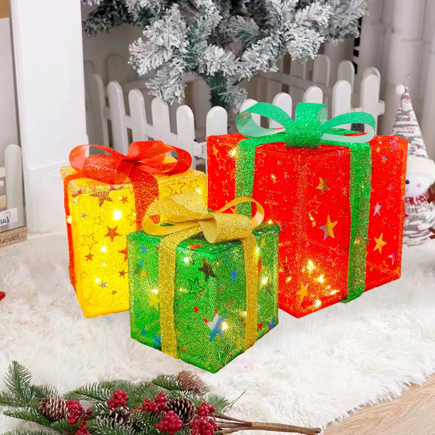 Hoofun Christmas Lighted Gift Boxes Set of 3, 50 LED with Gold Stars and Colorful Bows, Battery Operated Christmas Lights Decoration for Home, Parties, Holidays