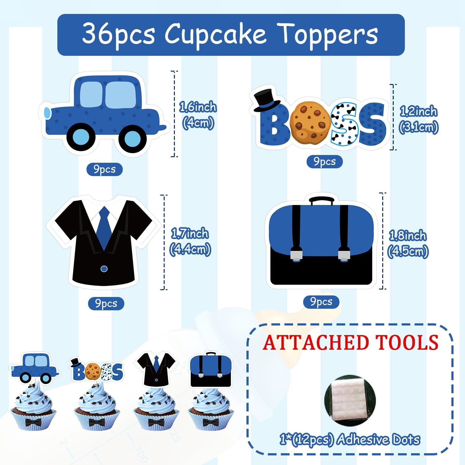 36Pcs Baby Boss Cupcake Toppers Blue & Black Little Boss Sign Cupcake Toppers Car Briefcase Boss Themed Cake Decorations for Boys Birthday Party Baby Shower Gender Reval Party Decor Supplies
