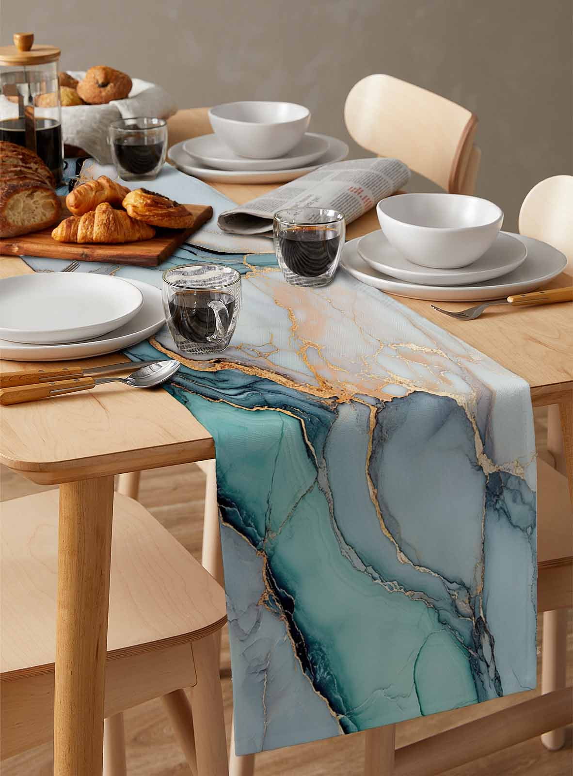 Marble Table Runner Turquoise Gray Blue Gradient Modern Geometric Tablerunners 18 x 72 Inch, Table Decorations Tabletop Scarf for Summer Gathering Holiday Farmhouse Kitchen Dining Decor