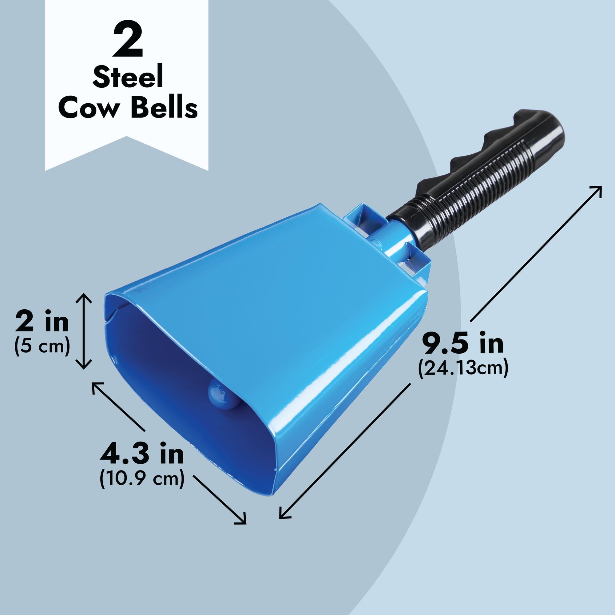 2 Pack 9.5-inch Cowbells for Sporting Events, Percussion Noise Makers with Handle for Football Games, Stadiums (Blue)