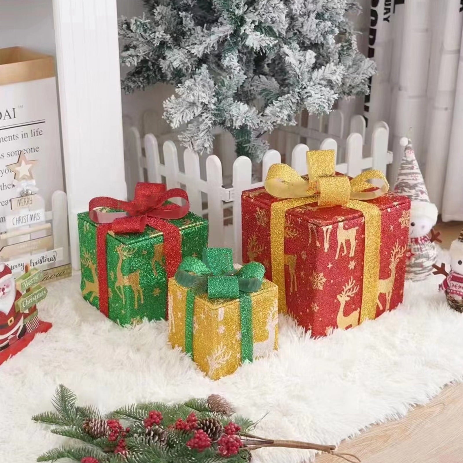 Pompotops Christmas Lighted Gift Boxes Remote Control, Set Of 3 LED Up Decor Outdoor, Up Christmas Boxes Present Decorations Outdoor Yard