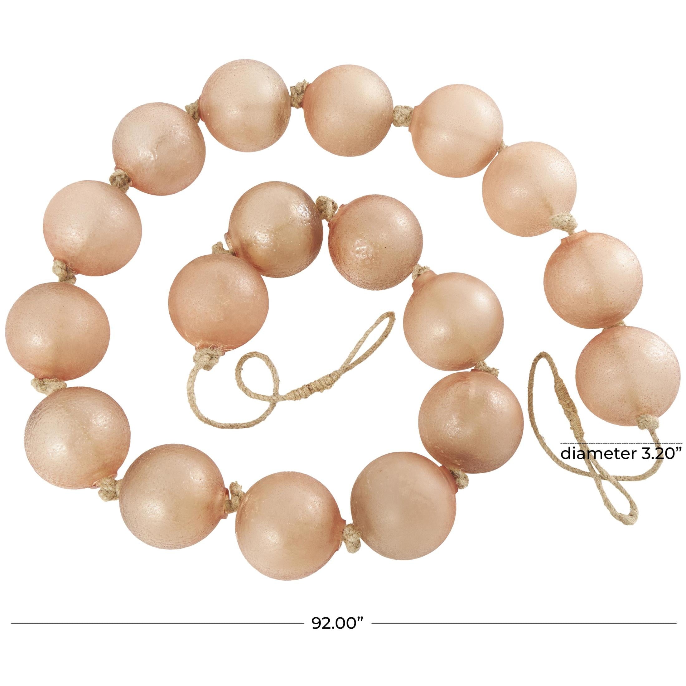 DecMode Handmade Round Extra Long Frosted Orb Pink Glass Garland with Tassel with Knotted Jute Rope