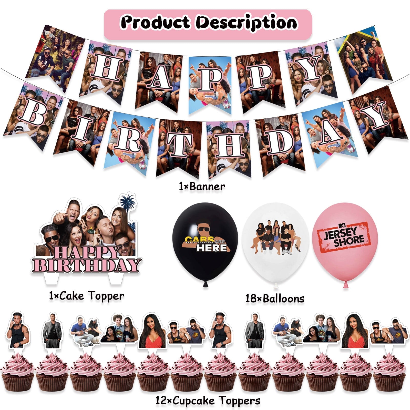32 Pcs For Jersey Shore Theme Birthday Party Decorations,With 1 Happy Birthday Banner Garland,13 Cupcake Toppers,18 Balloons for Party Decorations