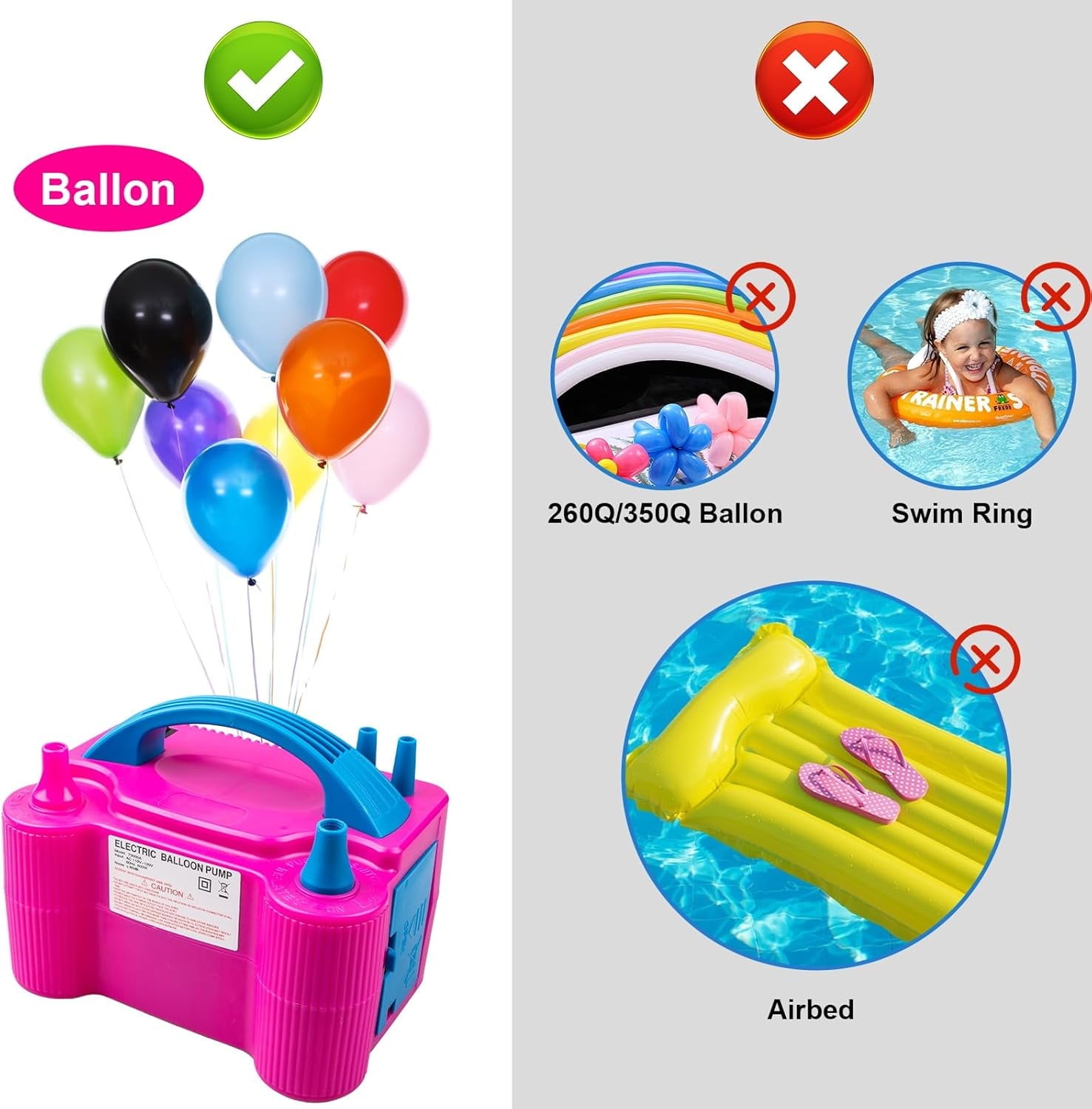 Electric Balloon Pump, Portable Dual Nozzle Electric Air Balloon Pump Inflator Blower Machine for Party Decorations, Rose Red 110V 600W with 2 Tying Tools