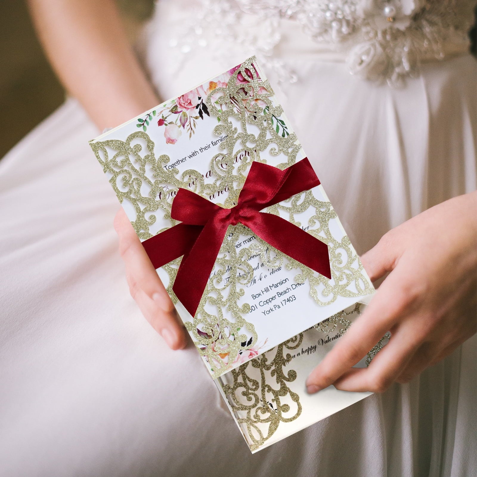 25PCS Wedding Invitation,Gold invitations,Gold Powder Floral Laser Cut with Blank Inner Sheet, Envelopes and Ribbons for Party Wedding Engagement Bridal Bridal Shower Invite