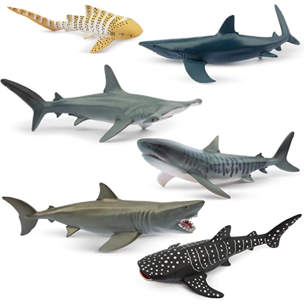 AAOMASSR 6 PCS Realistic Shark Bath Toy Figurines, Plastic Ocean Sea Animals Figures Set Includes Whale Shark, Tiger Shark, Mako Shark, Cake Toppers