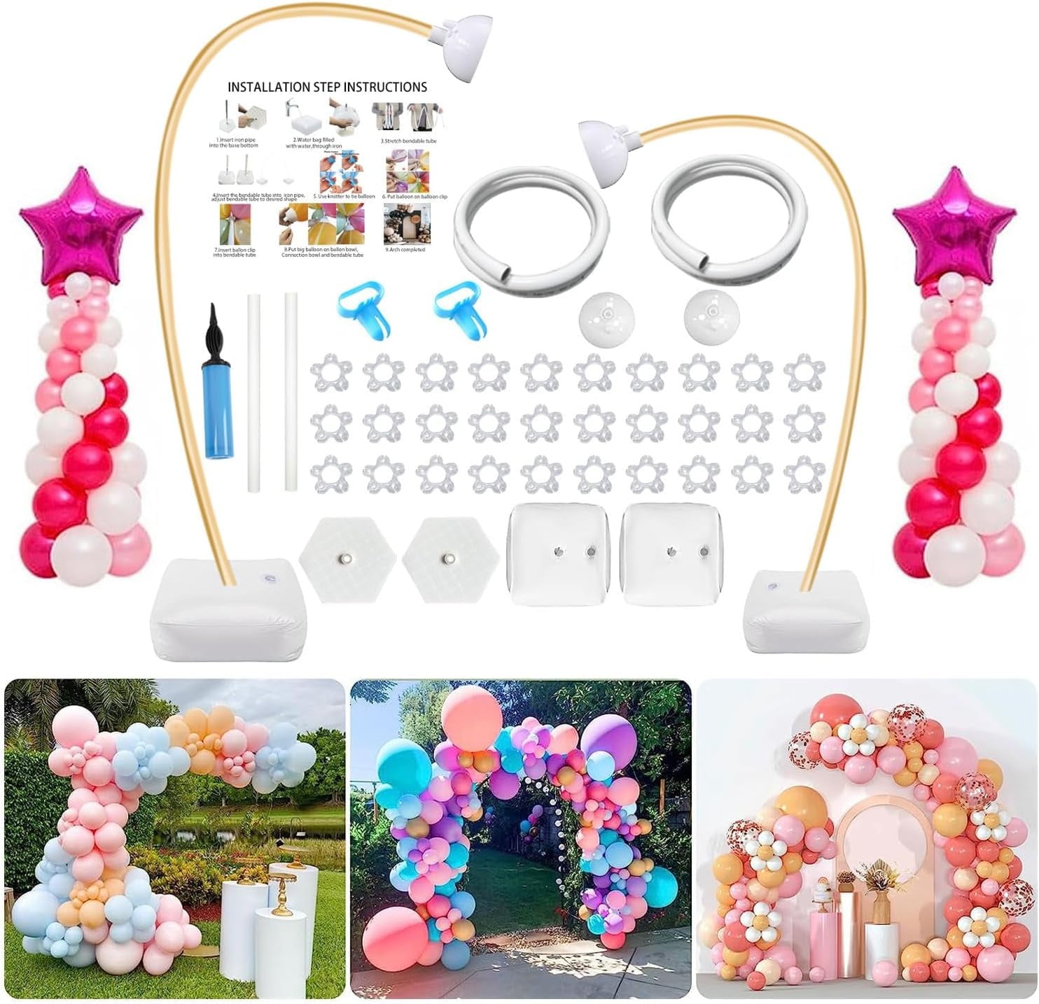 Ikerall Balloon Arch (White) Kit is 8.2 feet high and 5 feet wide with 30 balloon clips, a balloon pump, and other accessories DIY Free Bending Shape Half Arch Aluminum Alloy Material Bracket with PV