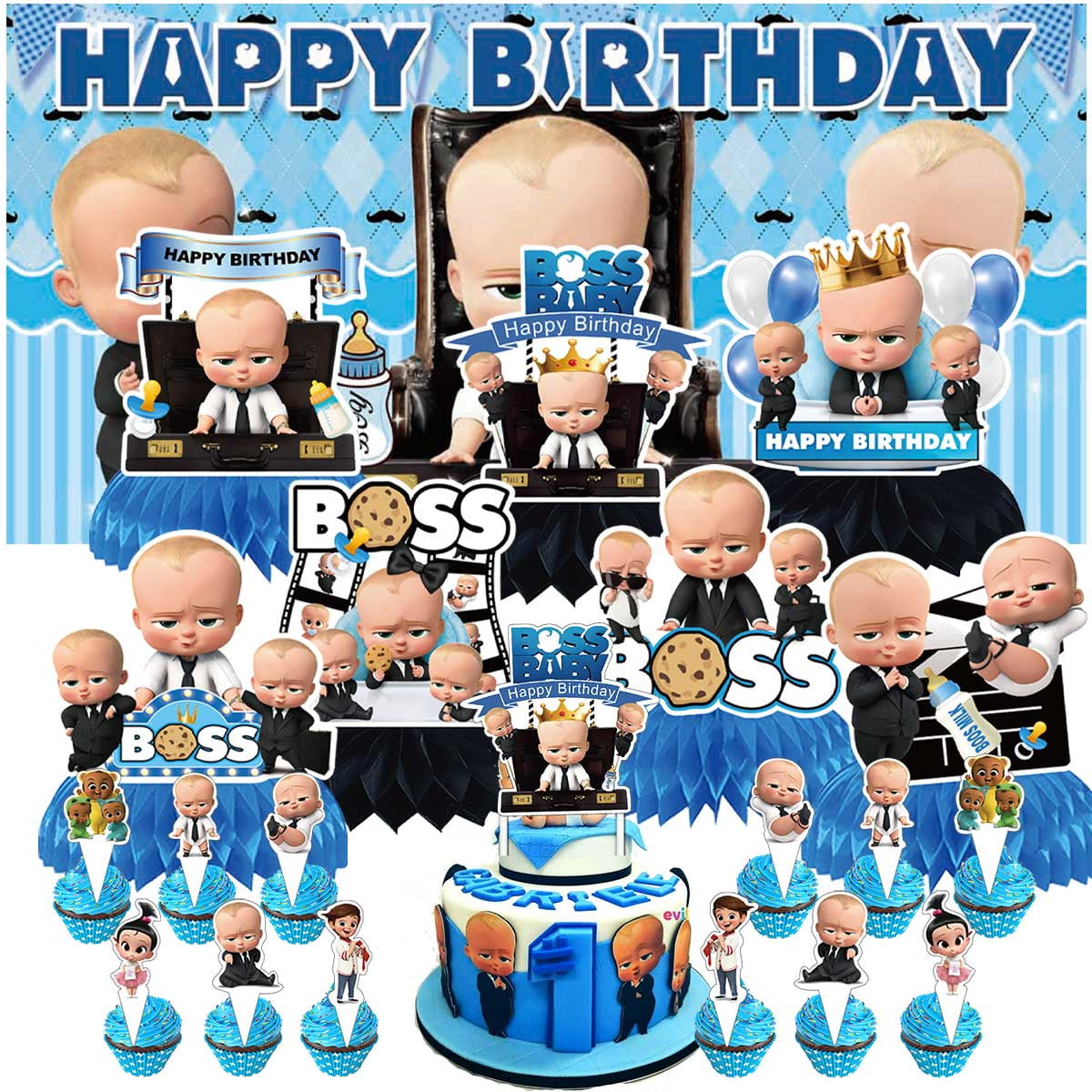 Boss Baby White Boy Party Decorations Decor Supplies Honeycomb Centerpieces Table Toppers Cake Toppers for Birthday Photo Props