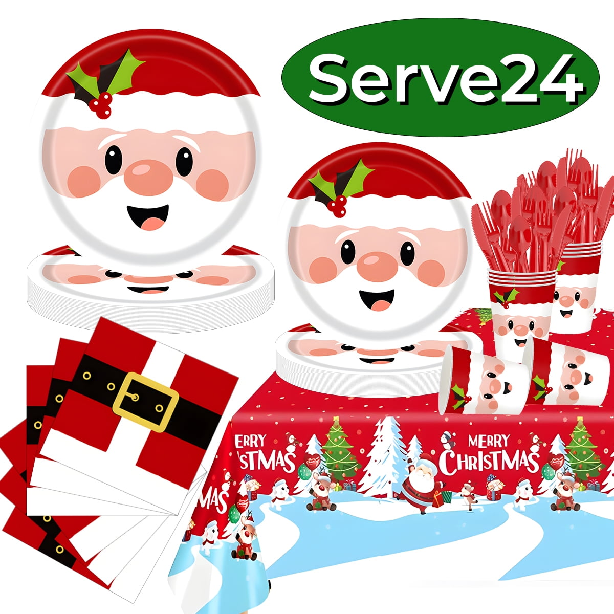 Christmas Paper Plates Dinnerware Santa Clous Christmas Party Supplies Decorations Kids Disposable Dishes Napkins Tablecloth Serve 24 Design1