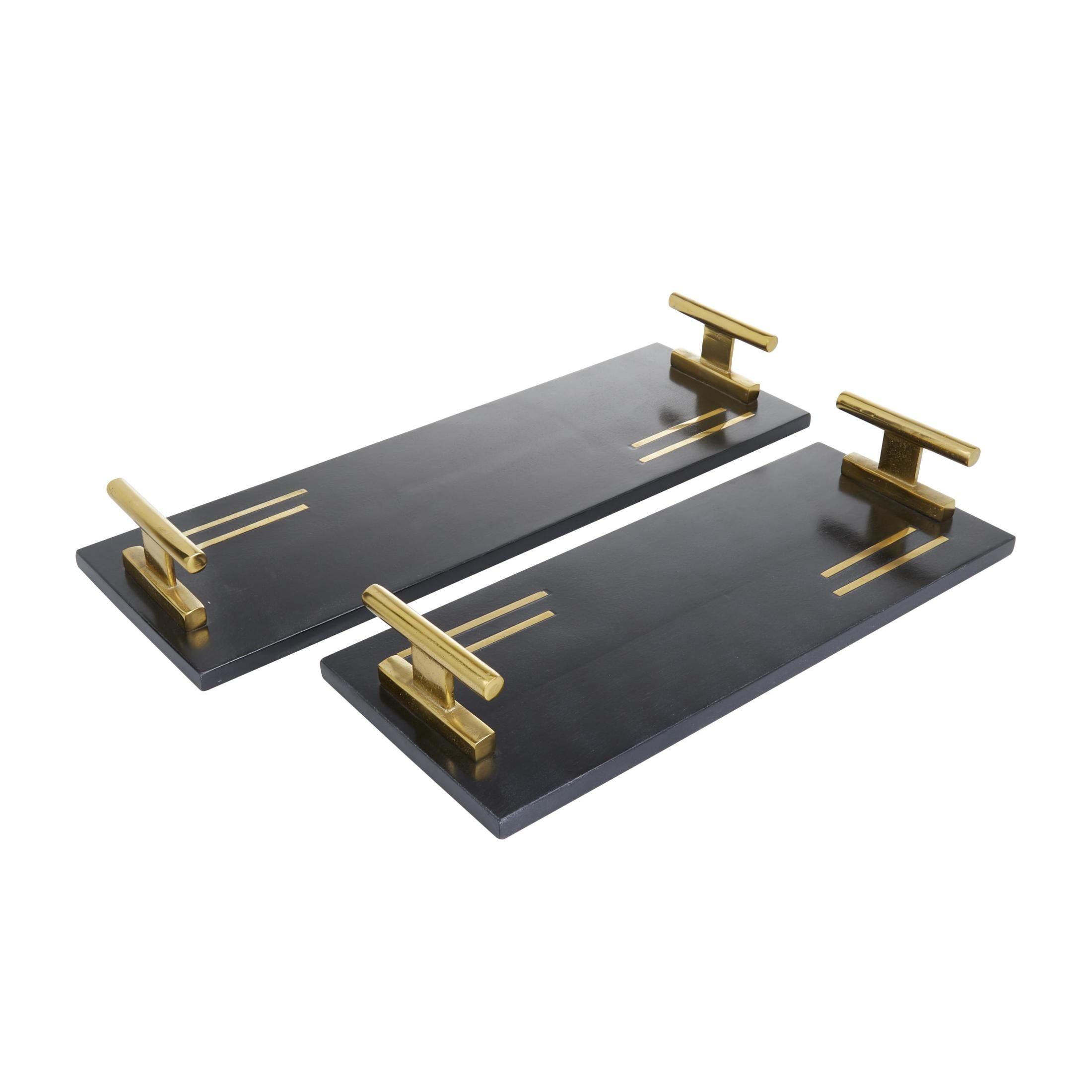 DecMode 22", 18"W Black Marble Tray with Gold Handles, 2-Pieces