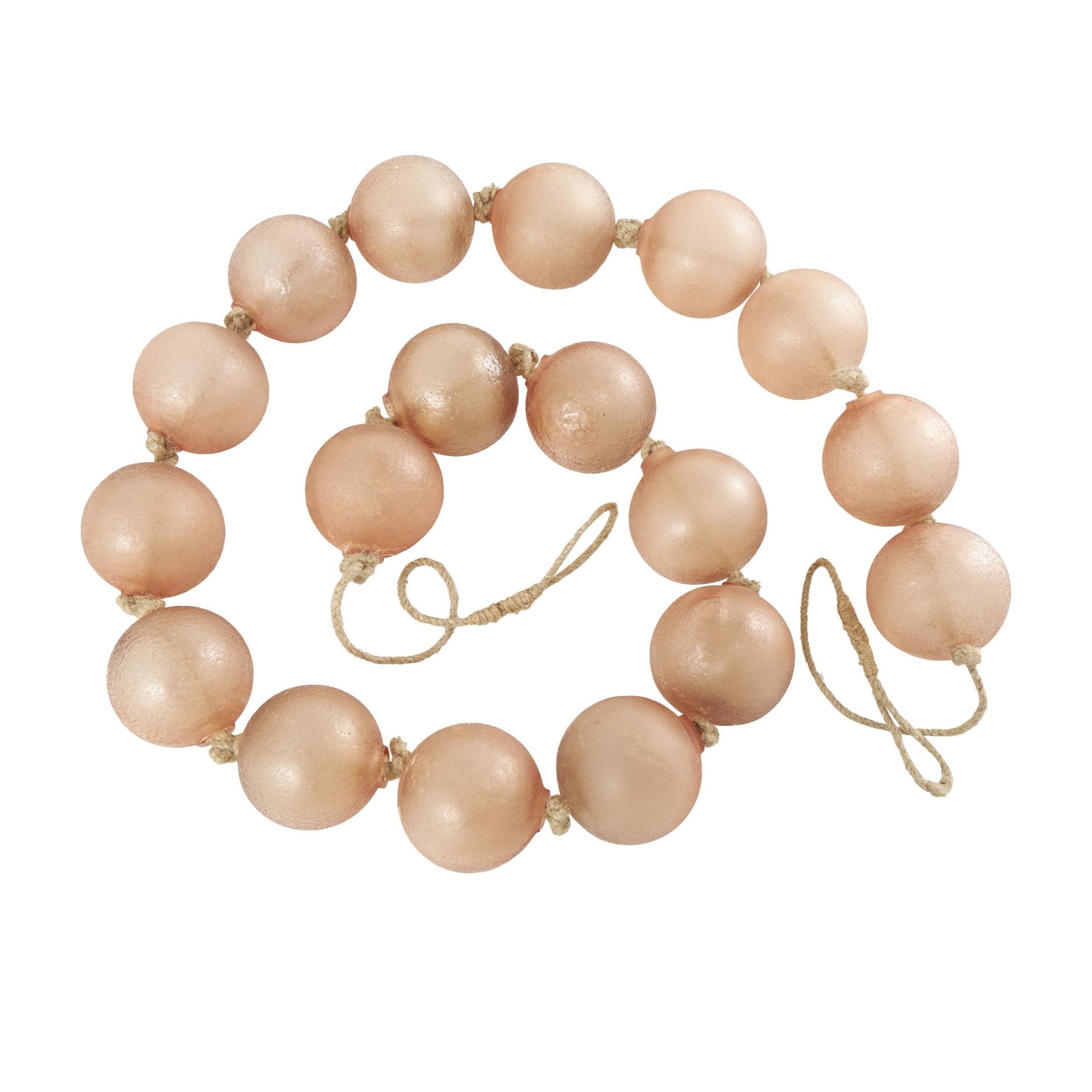 DecMode Handmade Round Extra Long Frosted Orb Pink Glass Garland with Tassel with Knotted Jute Rope