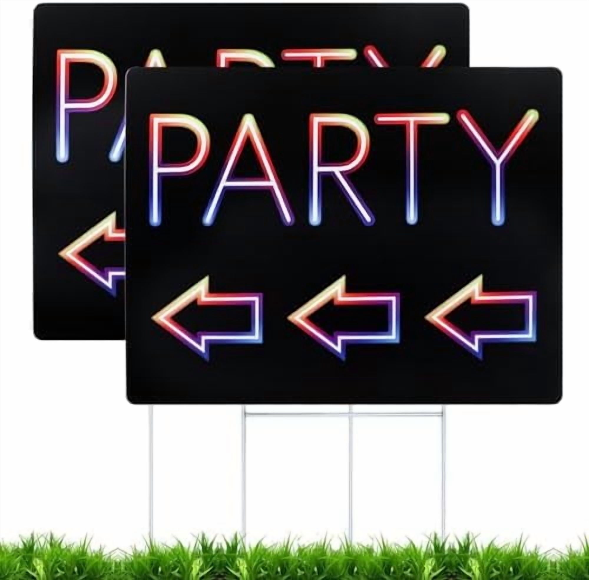 Double-Sided Party Signs 17 x 13'' With Metal H Stakes - Waterproof Corrugated Plastic Birthday Direction Signs - This Way Arrow (2 Packs)