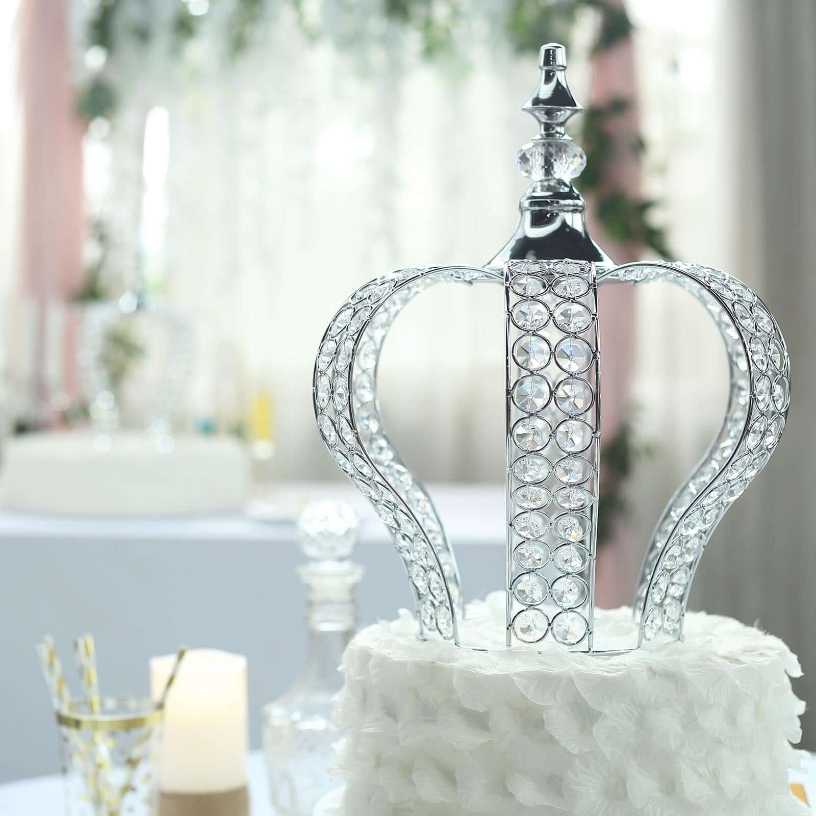 Efavormart 14" Silver Crystal Metallic Royal Crown Cake Topper with 168 Acrylic Beads For Wedding Birthday Party Special Event