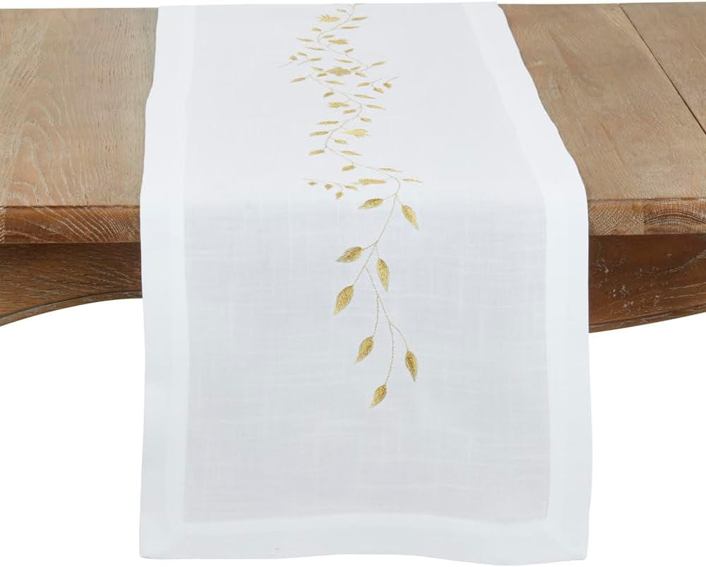 Fennco Styles Gold Embroidered Pomegranate Holiday Table Runner 16" W X 72" L - White Rectangular Table Cover for Home, Christmas Décor, and Weddings