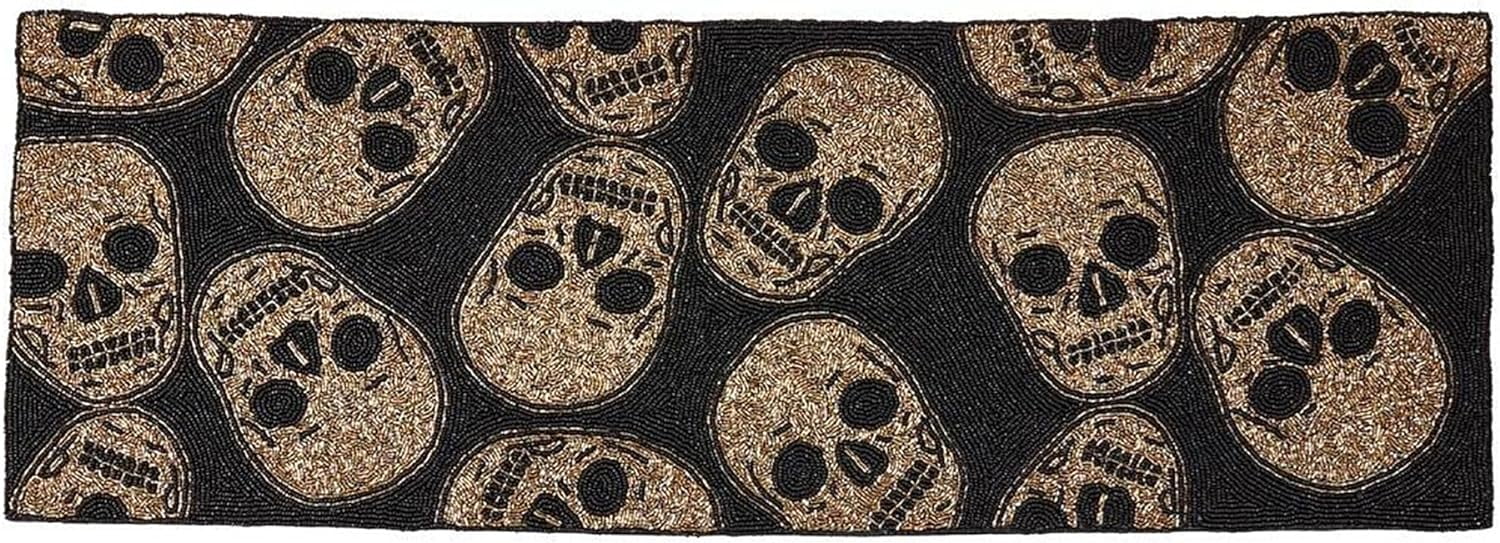Fennco Styles Hand Beaded Skulls Decorative Table Runner 13" W x 35" L - Dark Gold and Black Sparkling Table Cover for Home Halloween Décor, Family Gatherings, Themed Party and Special Events