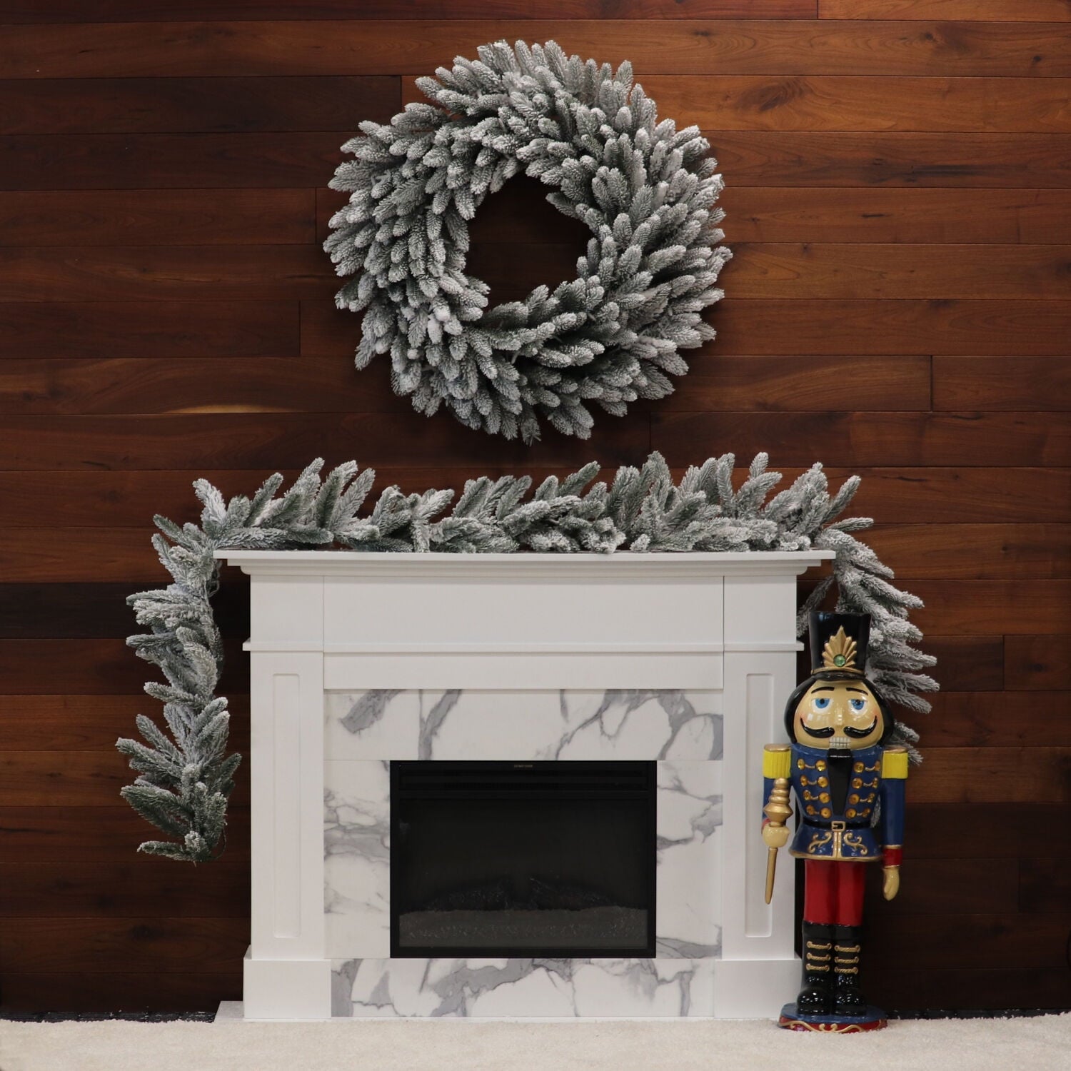 Fraser Hill Farm 9-Ft. Icy Frost Snow Flocked Garland with Warm White LED Lights, Battery Operated, Festive Christmas Holiday Decor for Fireplace Mantel, Stairway, Console Table,FFIF108GL-5SN