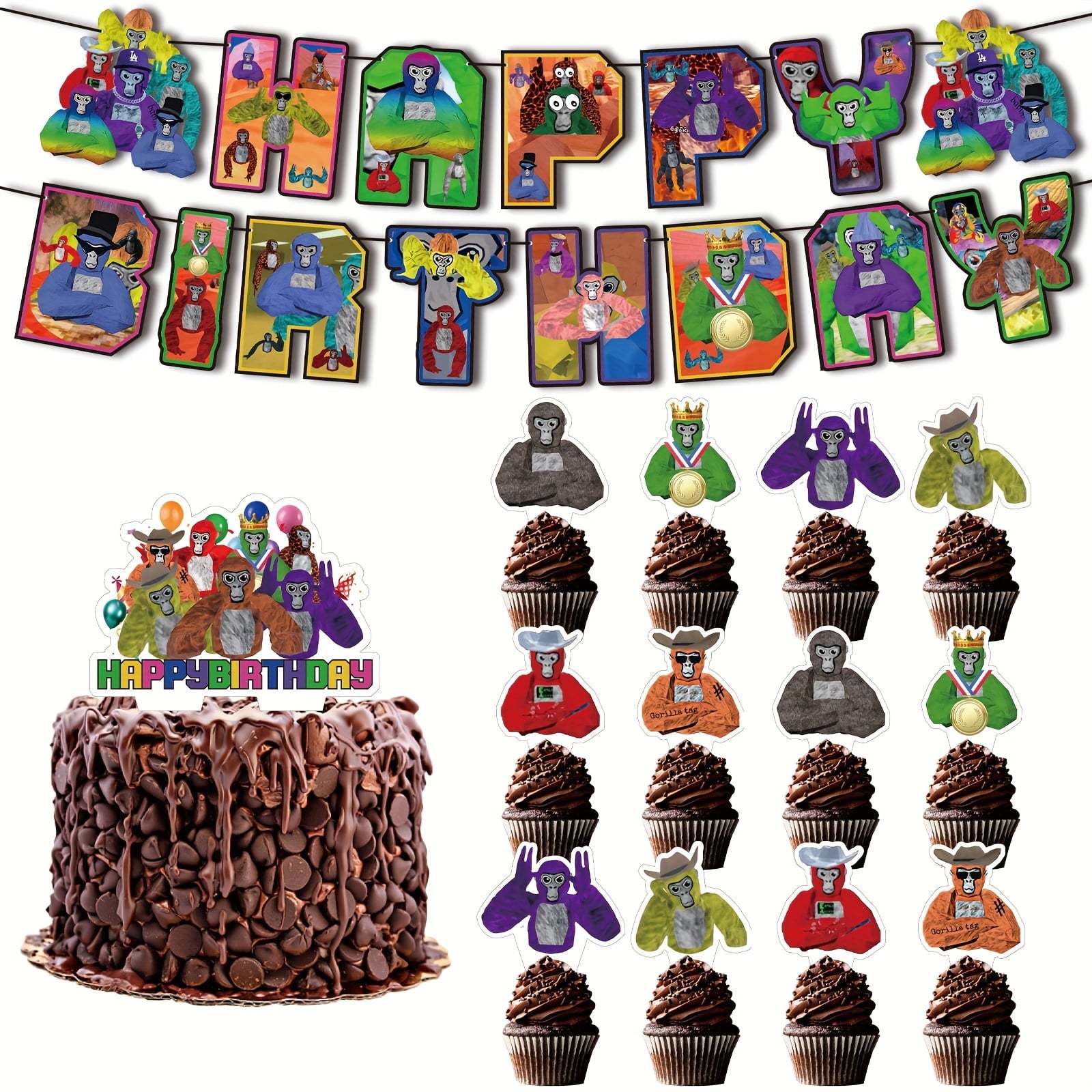 Gorilla Tag Birthday Party Decorations & Favors Kit - 14pcs Cartoon Theme with Backdrop, Cake Toppers, 12 Cupcake Toppers for Themed Celebrations, Party Supplies