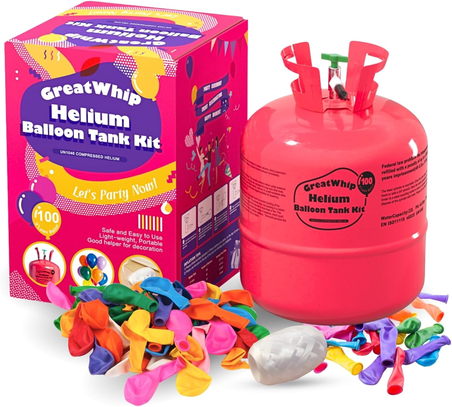 GreatWhip 22L Helium Tank up to 100 Latex (9")Balloons Helium Tank for Balloons at Home Helium Balloon Pump Kit Blend