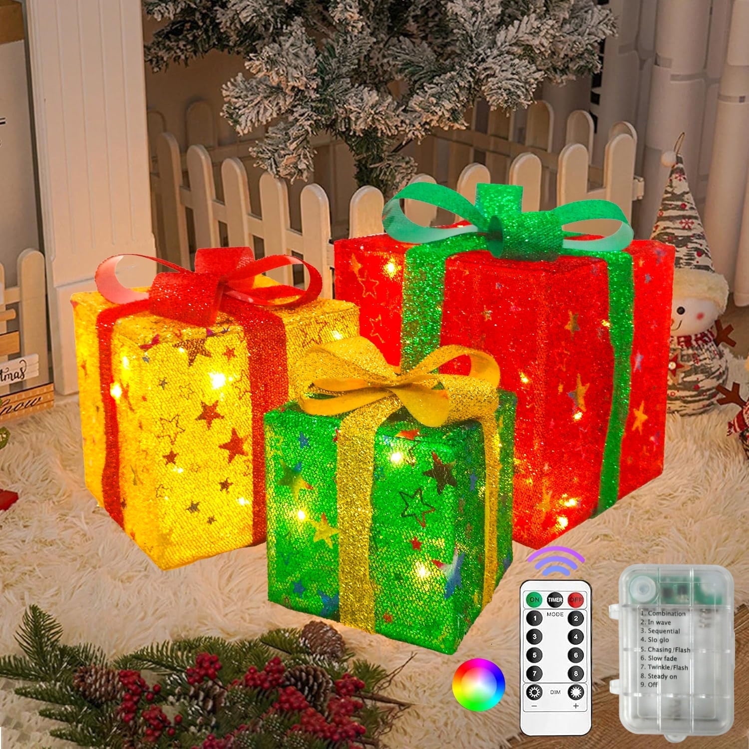 Hoofun Christmas Lighted Gift Boxes Set of 3, 50 LED with Gold Stars and Colorful Bows, Battery Operated Christmas Lights Decoration for Home, Parties, Holidays