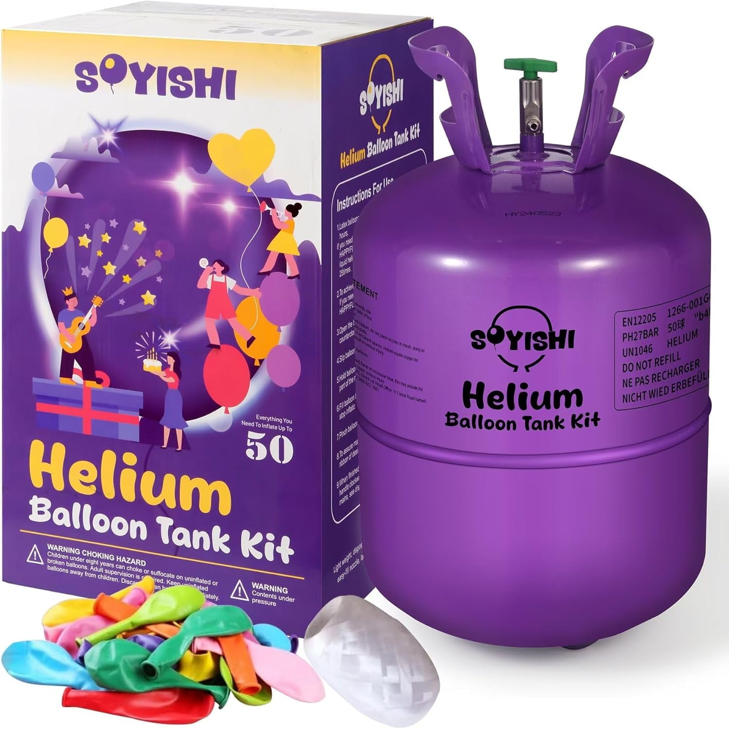 Helium Tank for Balloons at Home 13.4L Premium Helium Gas Tank Pump Kit 99.99% Pure Helium Gas Up to 50 Latex Balloons Ribbons Ideal for Birthday Party, Wedding, Events(1 Pack)