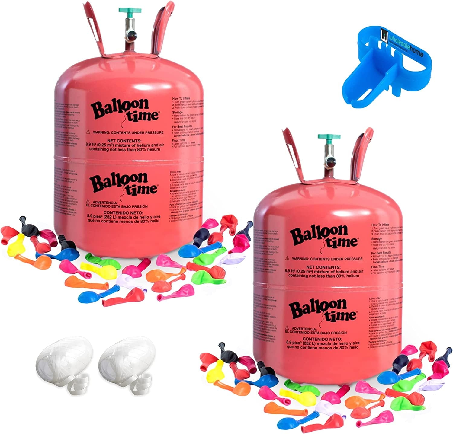 Helium Tank for Balloons At Home, 14.9 Cu Ft Helium Balloon Pump Kit with 50 Assorted Latex Balloons, White Curling Ribbon and Wholesalehome Balloon Tie Tool