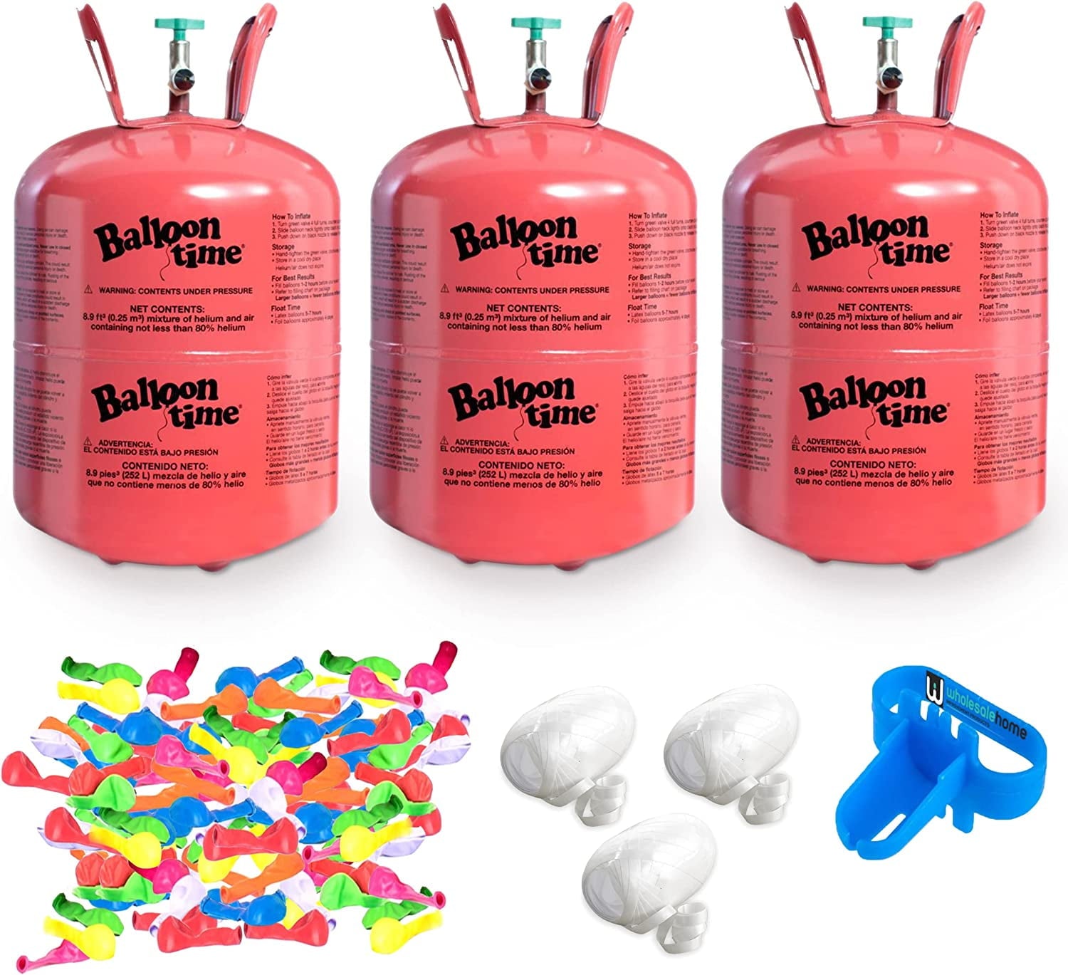 Helium Tank for Balloons At Home, 14.9 Cu Ft Helium Balloon Pump Kit with 50 Assorted Latex Balloons, White Curling Ribbon and Wholesalehome Balloon Tie Tool