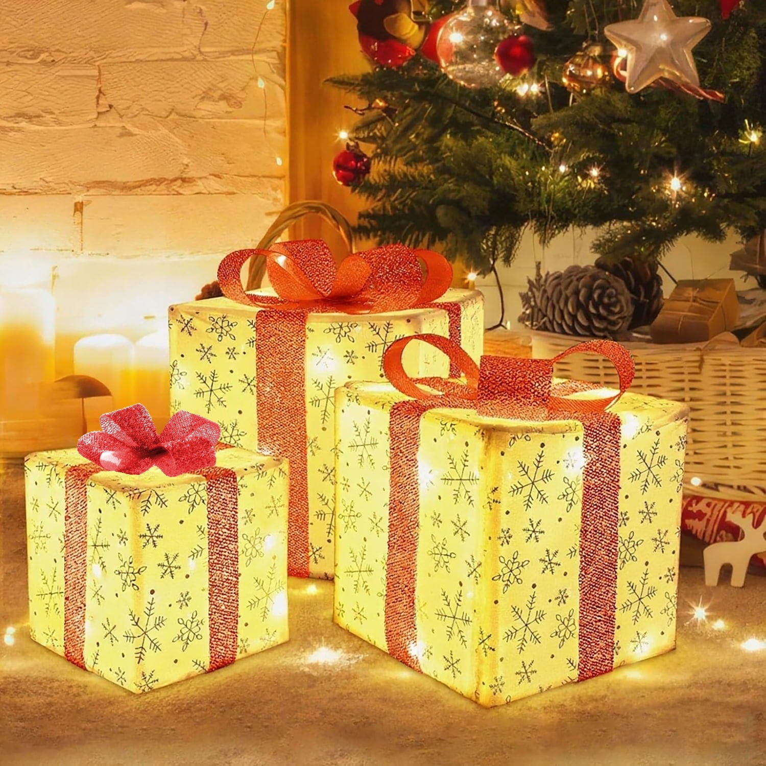 Hoofun Christmas Lighted Gift Boxes Set of 3, 50 LED with Gold Stars and Colorful Bows, Battery Operated Christmas Lights Decoration for Home, Parties, Holidays