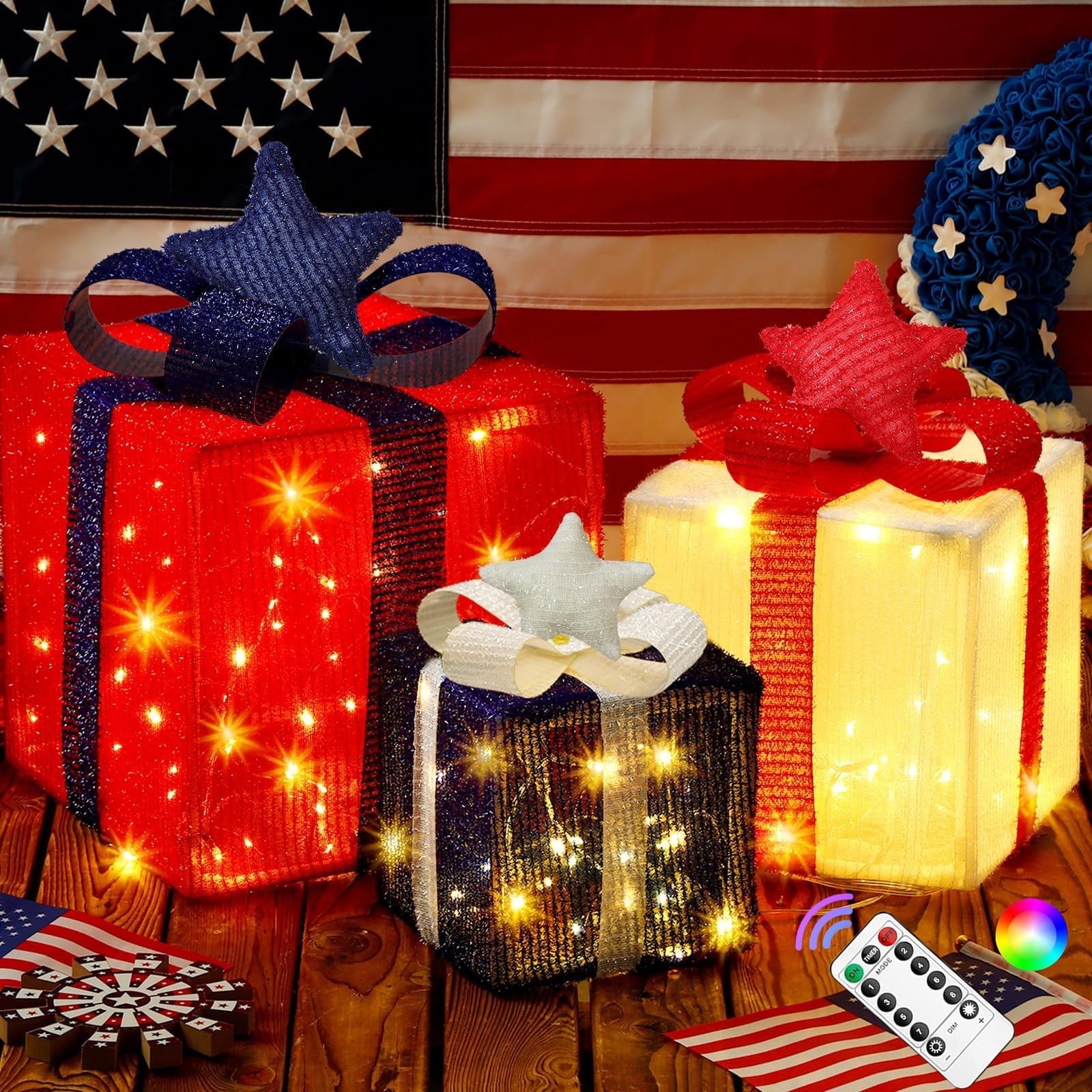 Hoofun Christmas Lighted Gift Boxes Set of 3, 50 LED with Gold Stars and Colorful Bows, Battery Operated Christmas Lights Decoration for Home, Parties, Holidays