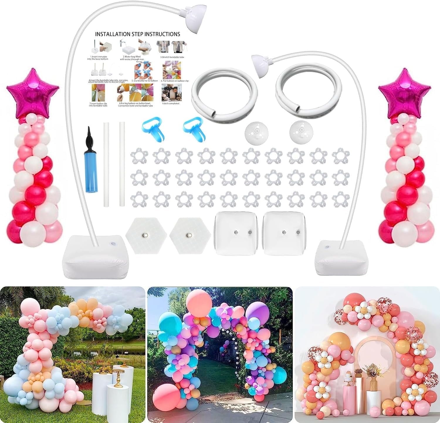 Ikerall Balloon Arch (White) Kit is 8.2 feet high and 5 feet wide with 30 balloon clips, a balloon pump, and other accessories DIY Free Bending Shape Half Arch Aluminum Alloy Material Bracket with PV
