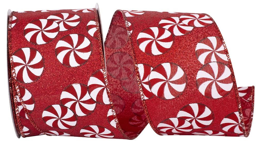 JAM Paper Christmas Glitter Ribbon, Peppermint Candy Design, Red & White, 2.5in x 10yd, 1/Pack