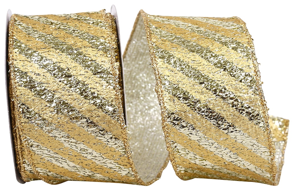 JAM Paper Christmas Gold Metallic Stripe Polyester Ribbon, 10yd x 2.5in, 1/Pack