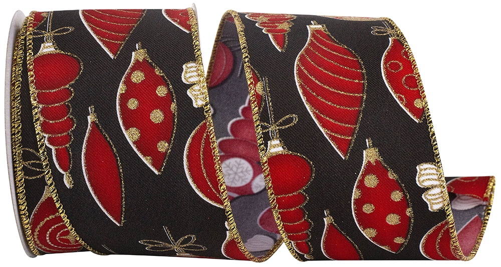 JAM Paper Christmas Ornament Ribbon, Black & Red & Gold, 2.5in x 10yd, 1/Pack