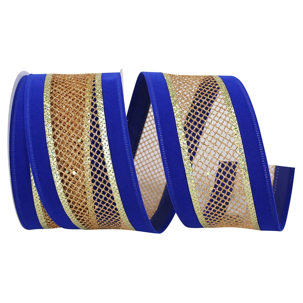 JAM Paper Christmas Overlay Ribbon, Royal Blue & Gold, 2.5 in x 10 yd, 1/Pack