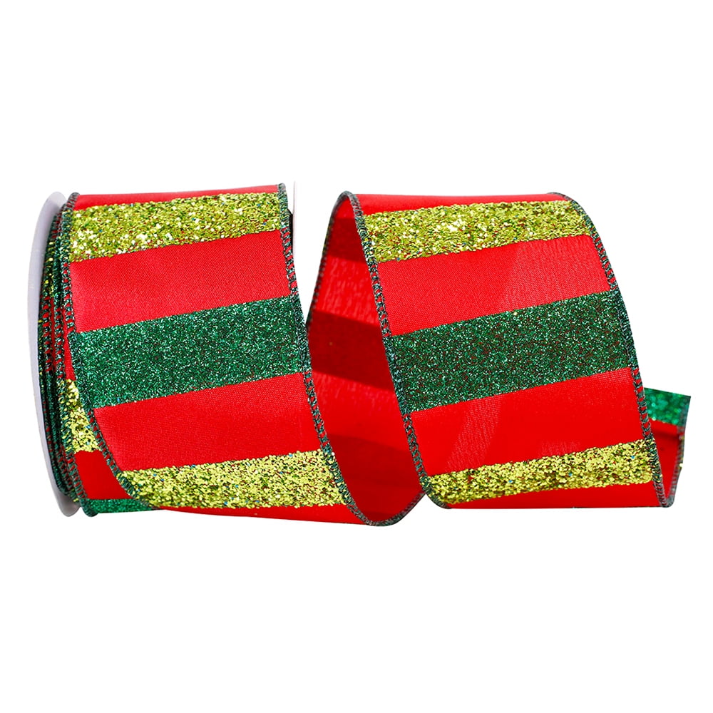 JAM Paper Christmas Stripe Ribbon, Glitter, Red & Green, 2.5in x 10yd, 1/Pack